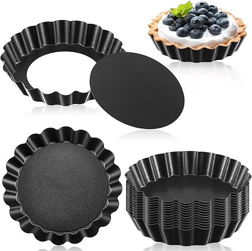 Tessco 16 piezas de mini moldes para tartas con parte inferior extraíble, antiadherentes, moldes para tartas para tartas (redondos negros y grises,