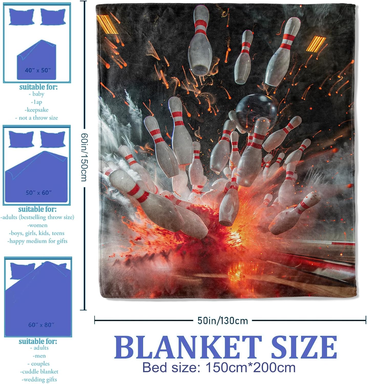 Bowling Throw Blanket for Women Girls Boys, Soft Flannel Blankets Gifts for Living Room Couch, Home, Sofa Decor, 50"x60" - Image 2