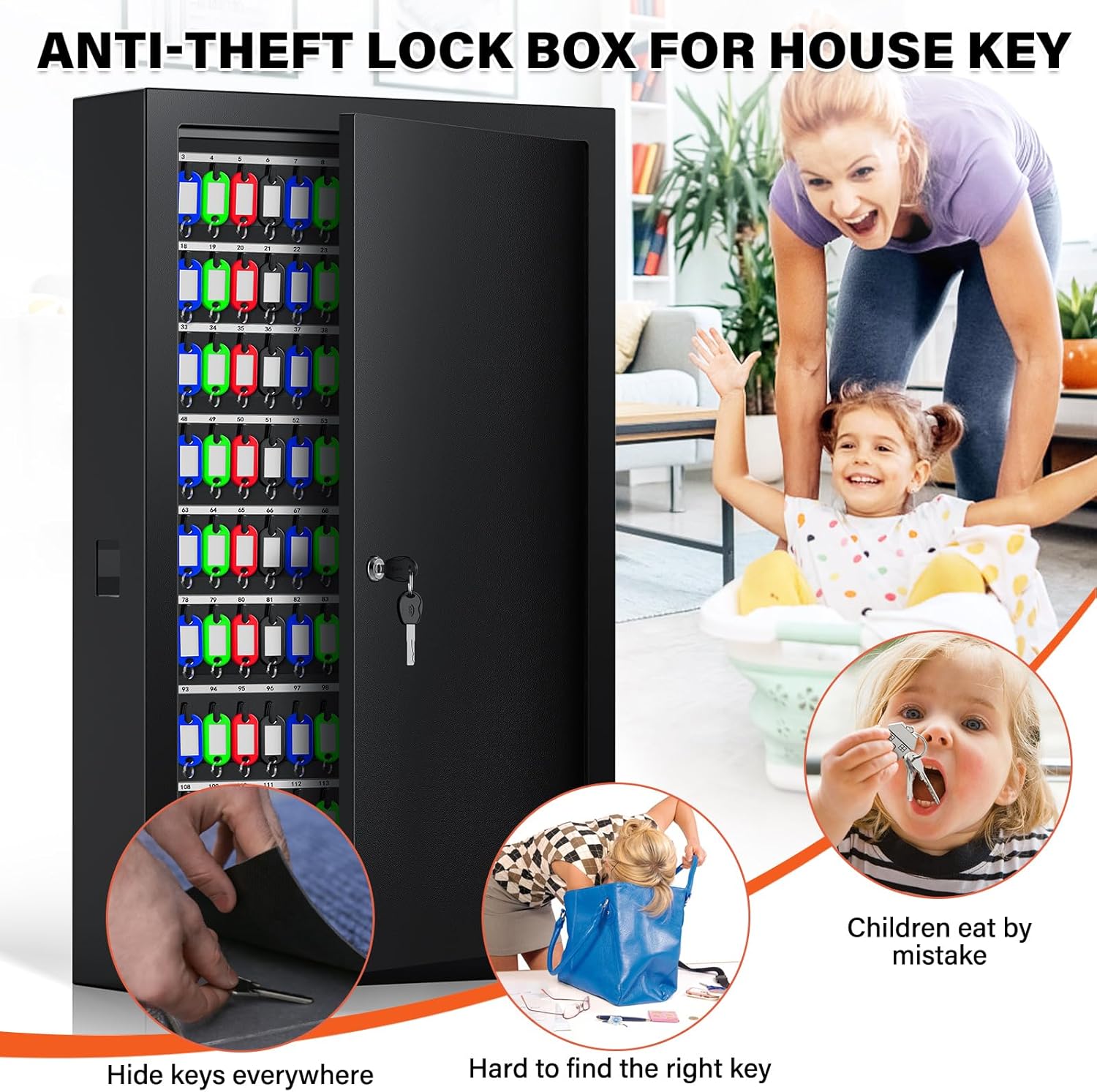 Nebakne 225 Keys Key Lock Box Wall Mount with Additional 16 Side Hooks and Key Tags, Anti-Theft Key Box Key Cabinet with Side Opening, Key Organizer Key Safe for Home Office Garage Rental Business