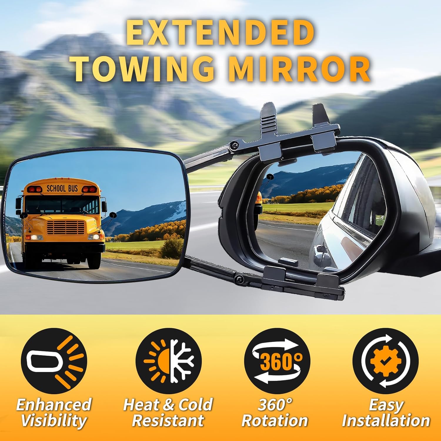 Extend Car Towing Mirror with 360 Degrees Rotation, Anti-Slip Clamp On Tow Mirrors Extensions for Auto RV Adjustable Driving, 2 Pieces