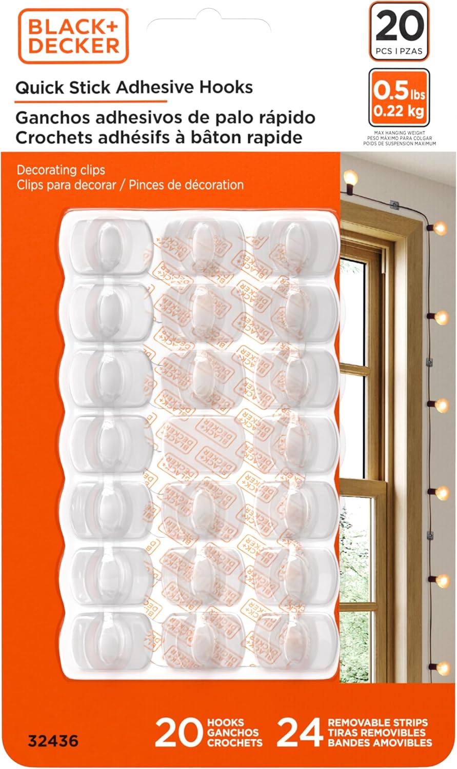 Black+Decker Solid Wall Hooks, Quick Stick Adhesive, Removeable, 20 Wall Hooks, 24 Adhesive Strips, Hang Decorations Without Damaging Walls, up to 0.5lb., Clear