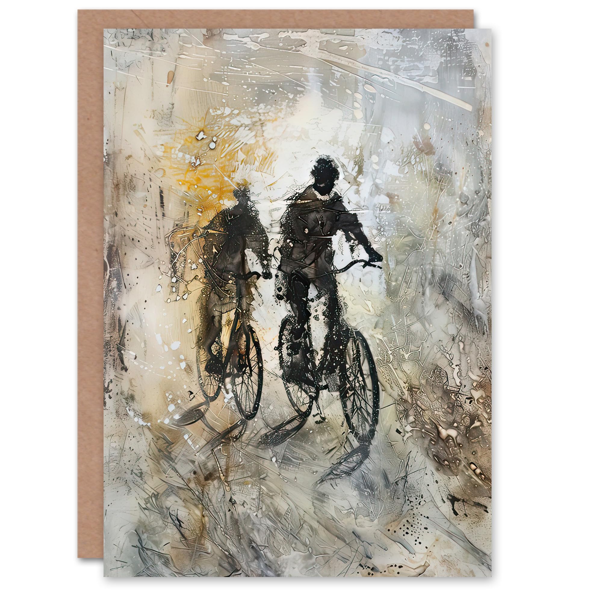 Artery8 Greeting Card Two Cyclists Bikes Dark Bubble Painting Artwork Blank For Him Or Her Art Birthday Card