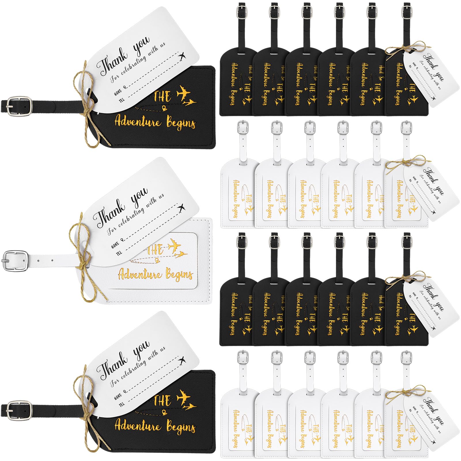 Sweetude 48 Sets Leather Luggage Tag Bulk And So The Adventure Begins Luggage Tags with Name Card for Wedding Bridal Shower Bachelorette Honeymoon Travel Graduation Gifts(Black, White)