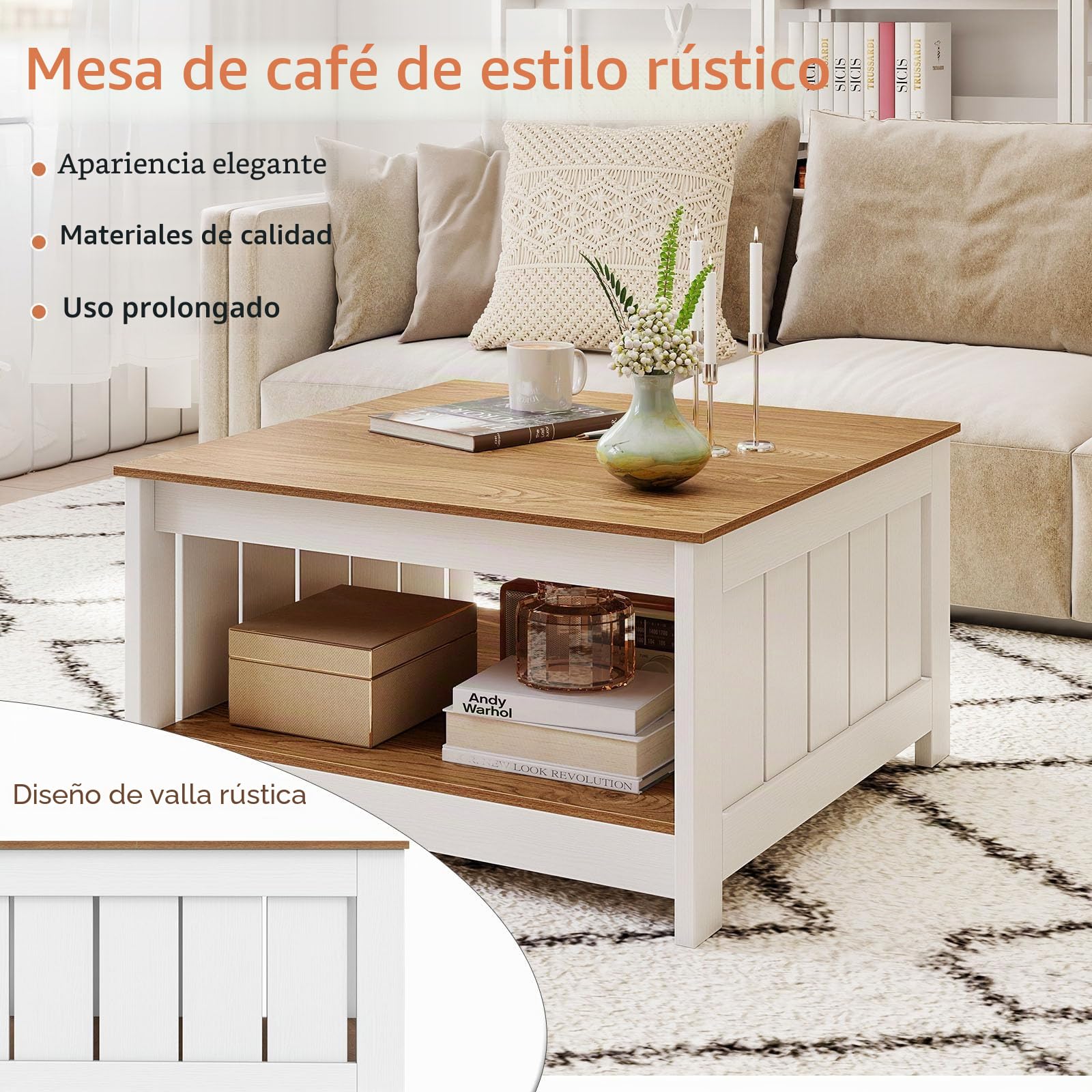 LIFEZEAL Mesa de centro de madera, mesa cuadrada de salón con 2 niveles, mesa de té con pies antideslizantes para hogar y oficina, rústica