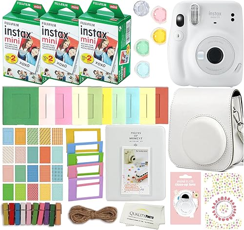 Fujifilm - Cámara instantánea Instax Mini 11 con funda, 60 películas Fuji, calcomanías decorativas, marcos, álbum de fotos y más kit de accesorios