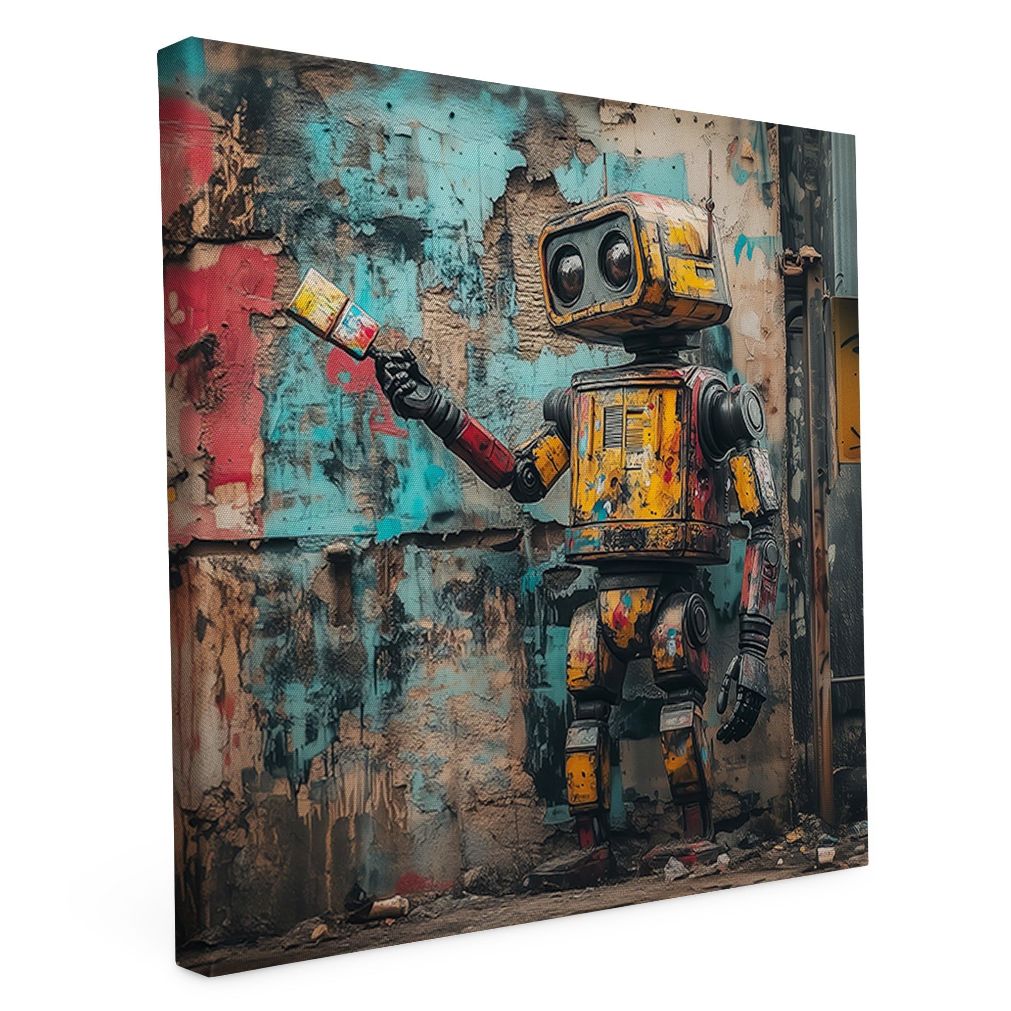 Banksy Leinwand Keilrahmen Robokunst 100x100cm - Street Art - Wandbild | Banksy Wandbild auf Leinwand, 100x100cm, Motiv Robokunst, Quadratisch, Street Art, 2cm Holzrahmen, matter Kunstdruck
