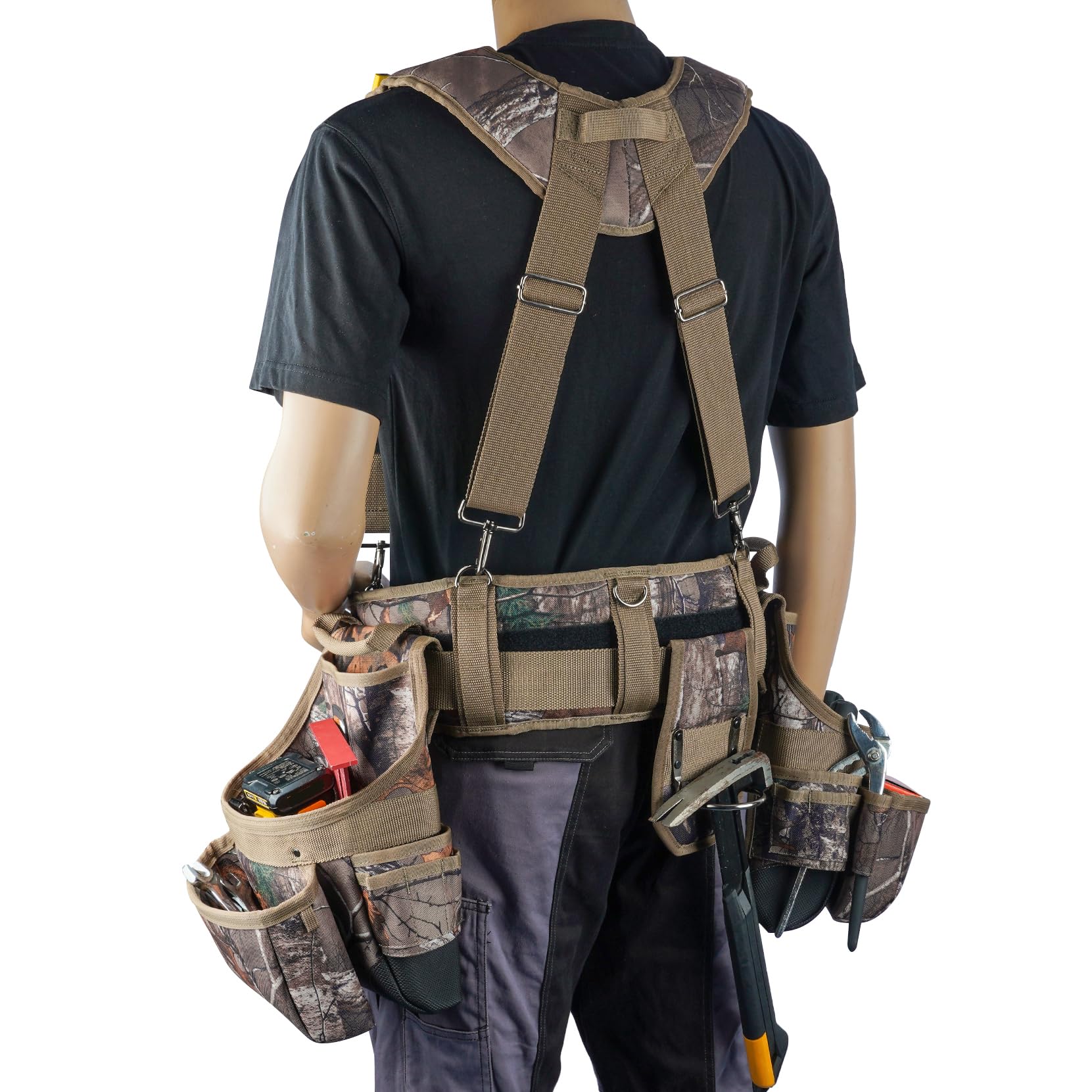 MELOTOUGH - Cinturón de herramientas con camuflaje y tirantes Bolso de herramientas con camuflaje y tirantes Combinación de peine, delantal, cinturón de herramientas, bolsa de herramientas para