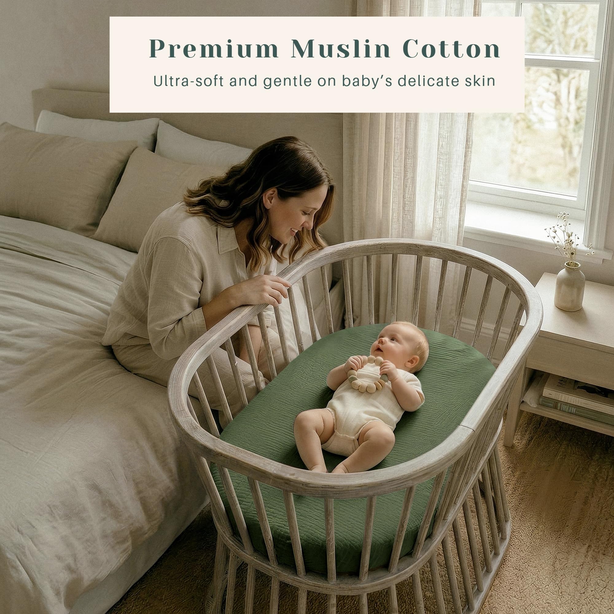 Paquete de 3 sábanas de muselina para moisés para bebés para niños y niñas, 32 x 16 pulgadas | Sábanas de colchón ajustables 100 % algodón, compatibles con Halo Bassinest Swivel Sleeper, Graco (verde hoja)