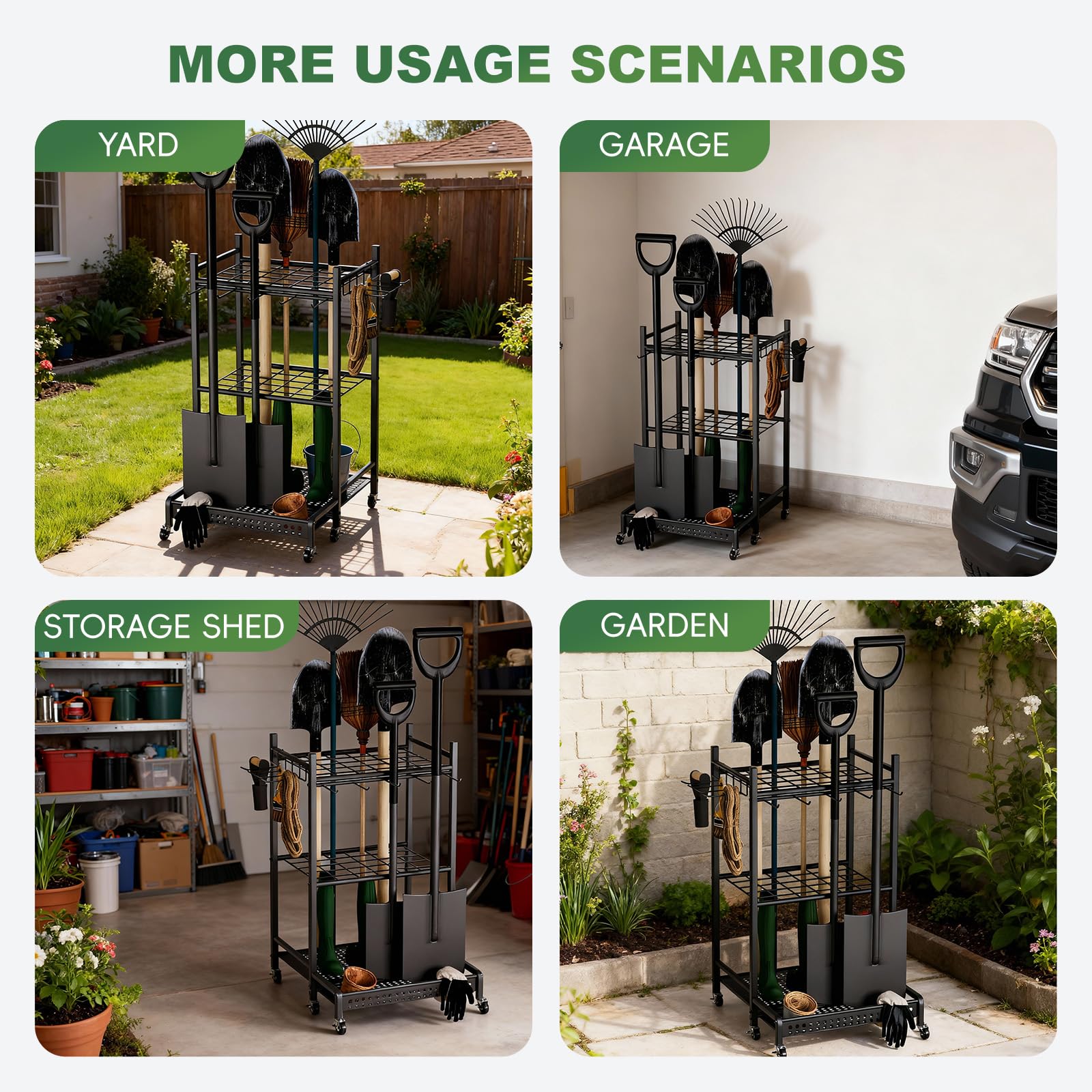 Organizer per attrezzi da giardino, Organizzazione Stoccaggio Riparo Esterno per Attrezzi, Rastrelli, Scope a Manico Lungo da Officina, per garage e garage, organizer da giardino , 50 x 43 x 79cm