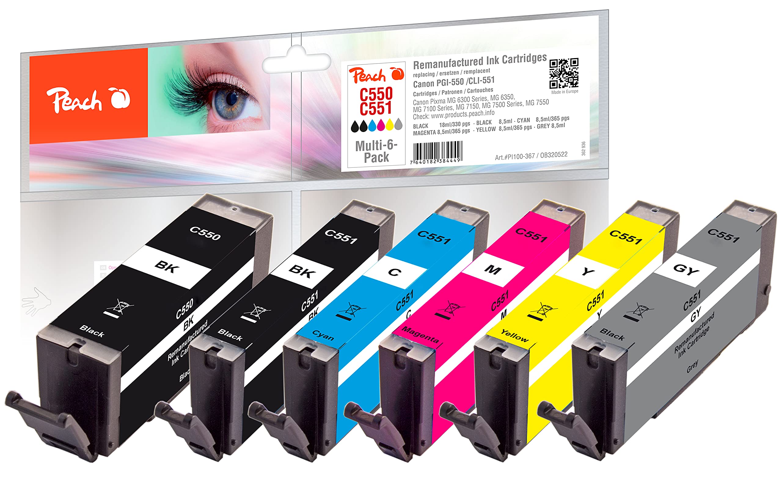 Peach C550/551/555 Spar Pack mit (BK, PBK, C, M, Y, grau) ersetzt Canon PGI-550, CLI-551 für z.B. Canon Pixma IP 7250, MX 925, IP 7200, MG 7550, MX 920