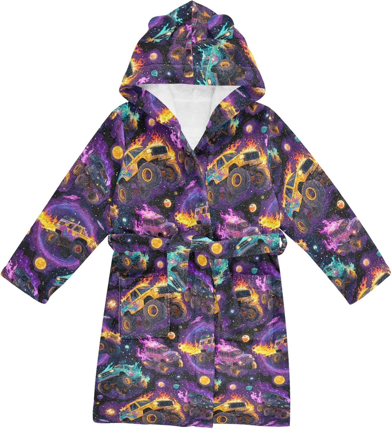 Monster Truck Cars Galaxy Space Blue Bathrobe Hooded PJ Robe Soft Fleece Robe Sleepwear 2-12 Years