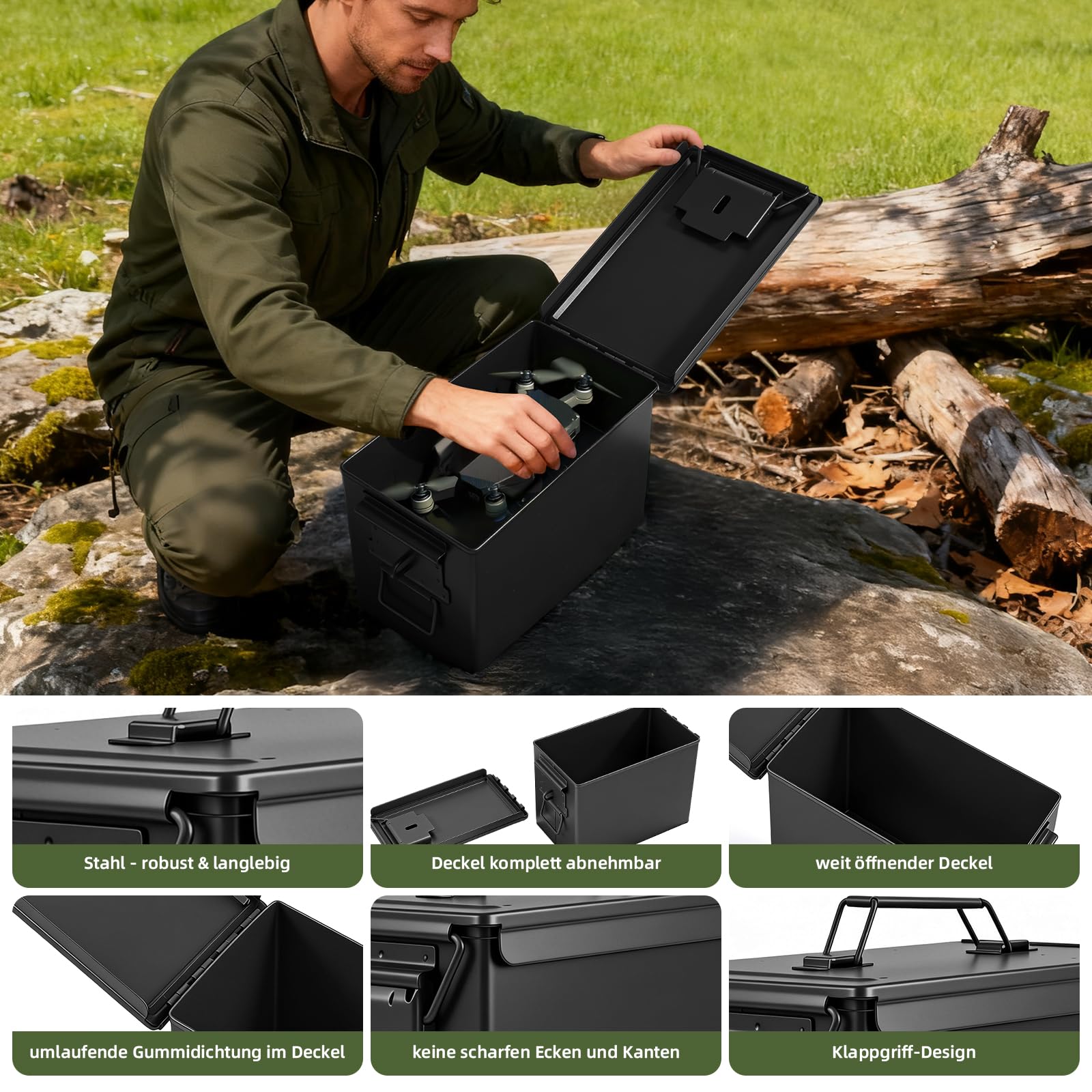 Trucky Munitionsbox Ammo Box 33x19x23 cm Metallkiste Munitionskiste Metallbox Aufbewahrungsbox mit Deckel Army Schwarz Metall