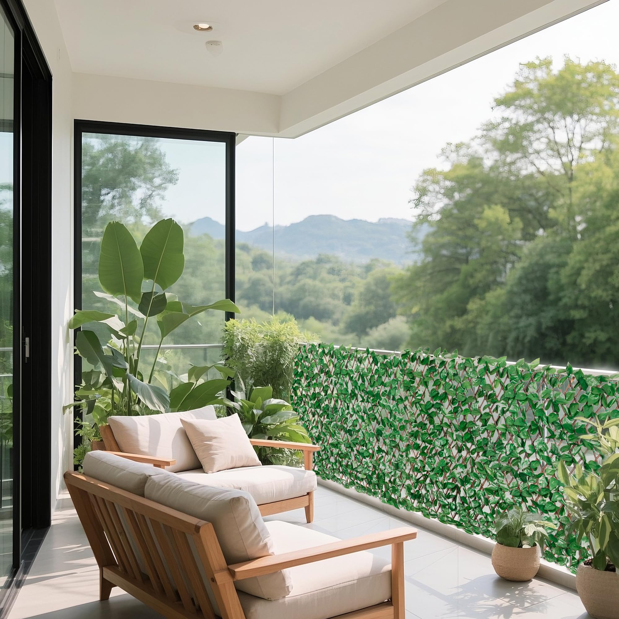 Sztuczny żywopłot, ochrona prywatności z bluszczu, sztuczne rośliny, na balkon, do ogrodu, 100 x 200 cm, wysuwany rozmiar (liście C)