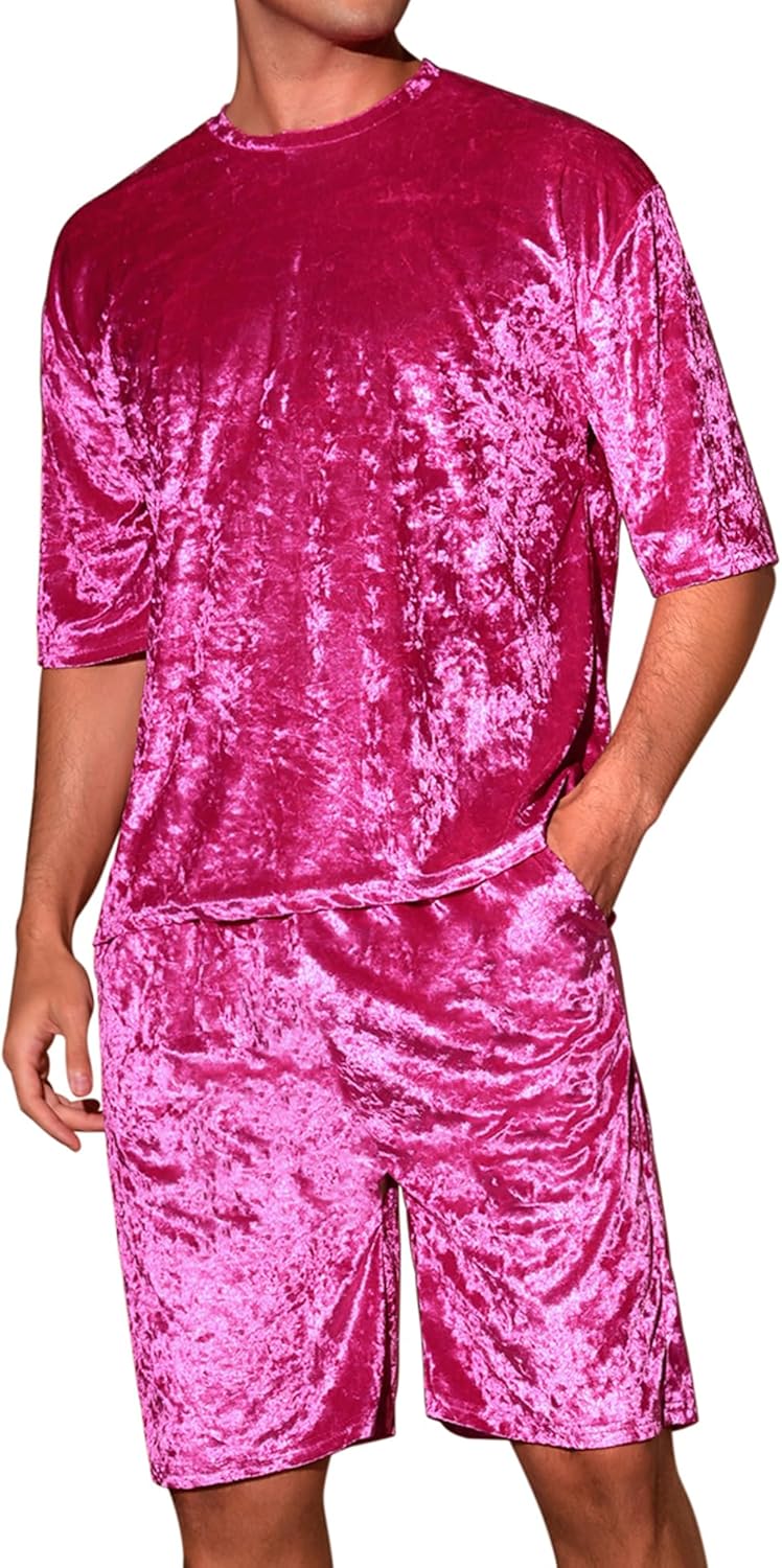 Lars Amadeus Velvet Outfits for Men's Summer Short Sleeve Party Velour T-Shirt & Shorts Set