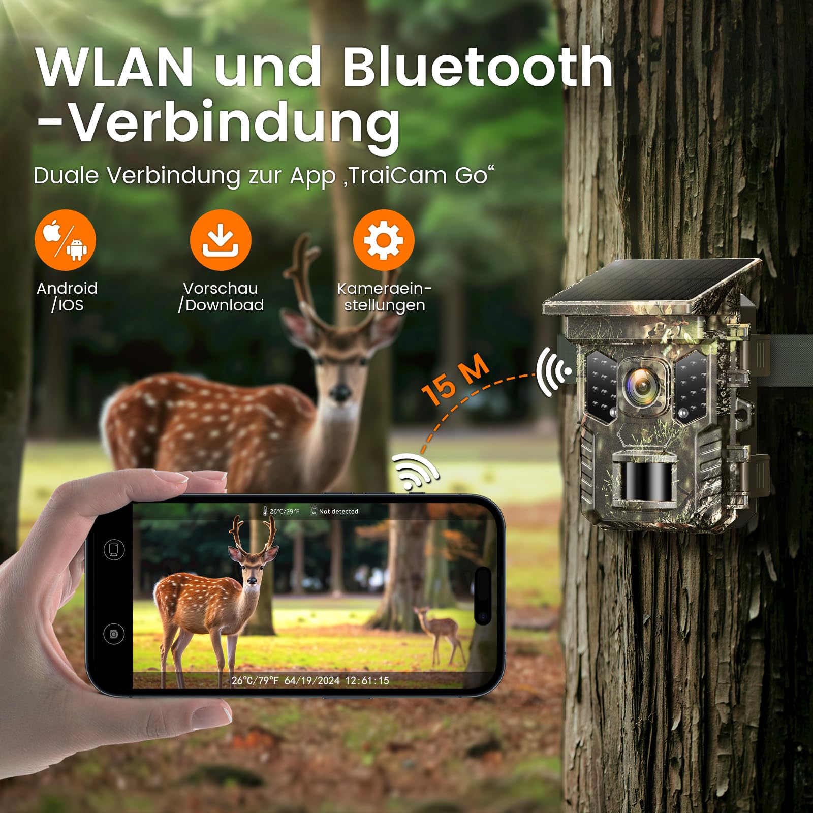 XTU Wildkamera 4K WLAN mit Handyübertragung, Bewegungsmelder Nachtsicht, IP66 Wasserdicht, 3 Stromversorgungsoptionen, 0,2s Auslösen