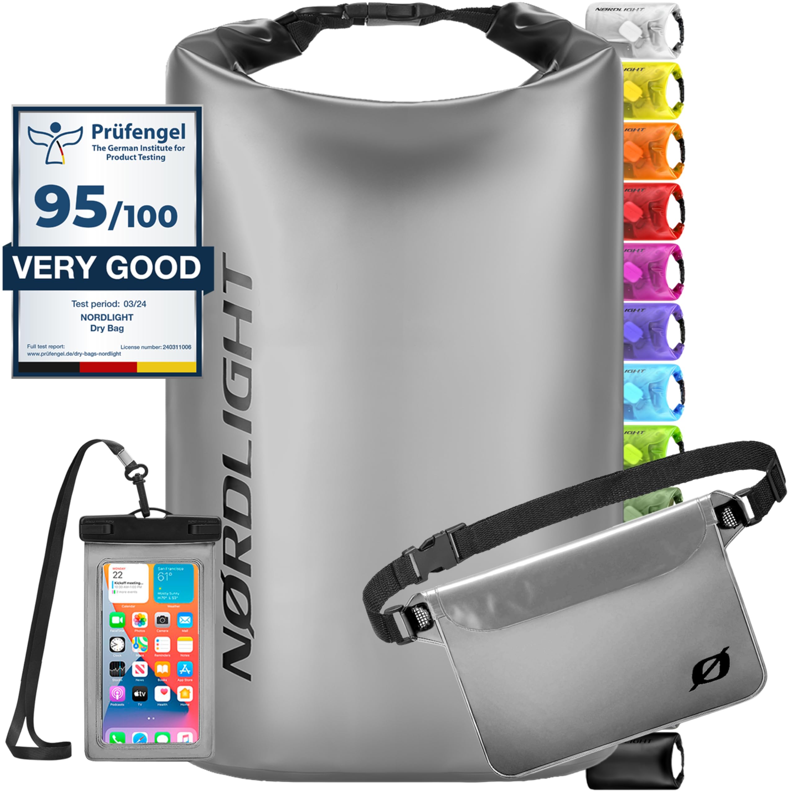 Nordlight Dry Bag e borse impermeabili - zaini impermeabili da 2l, 5l, 10l, 15, 20l, 30l, ccon chiusura a rotolo e tracolla con custodia impermeabile per cellulare e marsupio