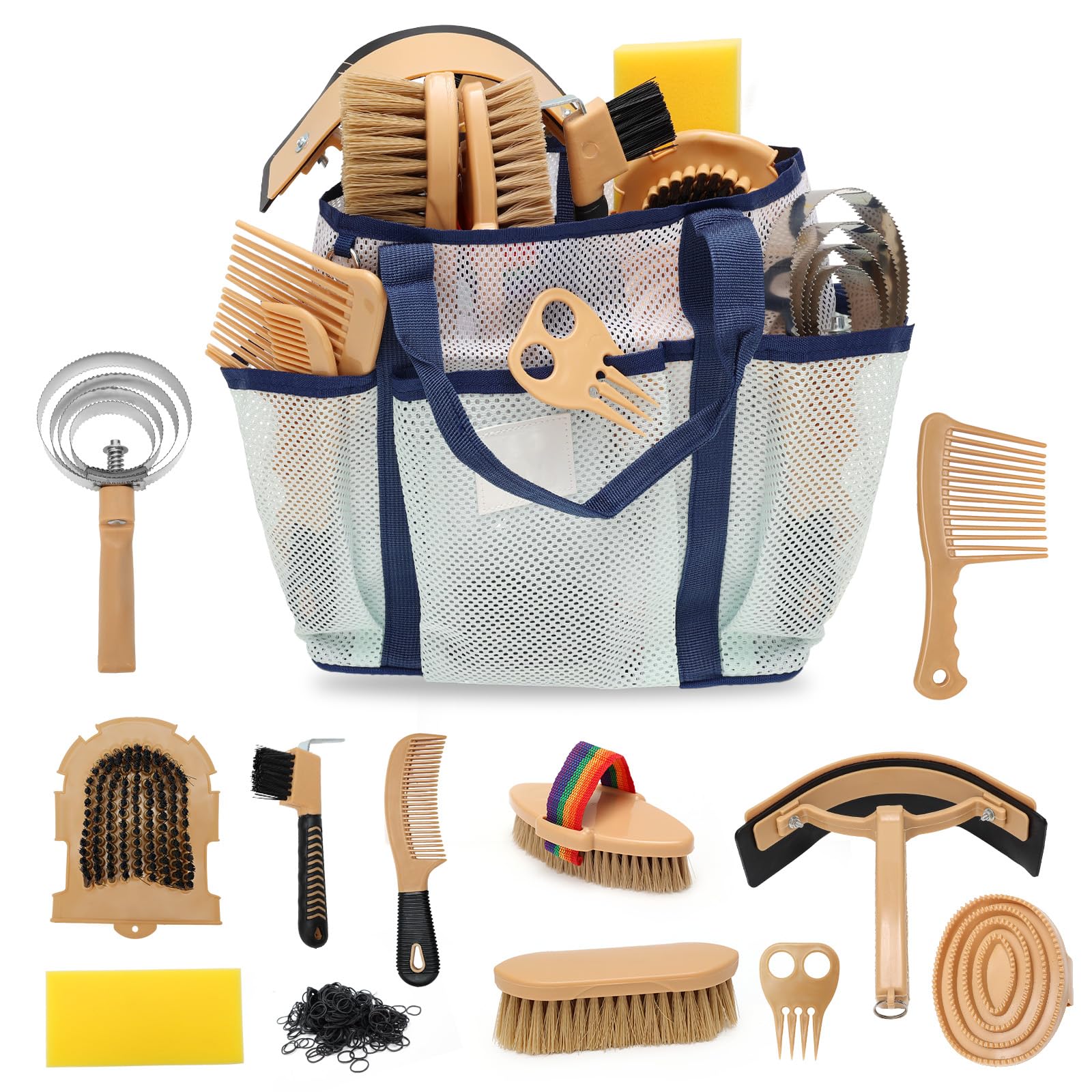 Kit de aseo de caballos, 13 cepillos profesionales para el cuidado de caballos con bolsa organizadora, peine de curry, púa de pezuña, juego de cepillos para caballos para una limpieza eficaz, regalo