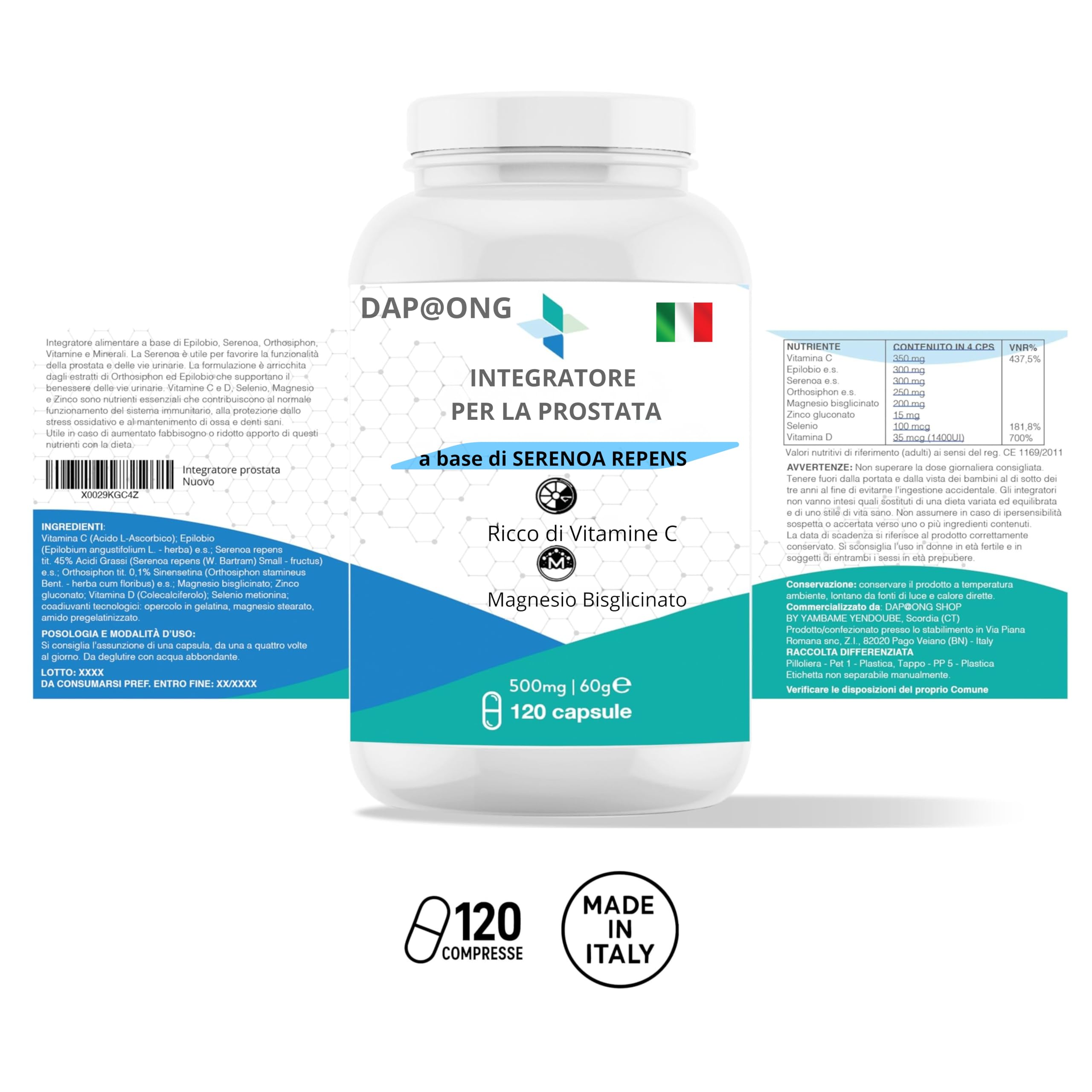 Integratore Prostata Uomo *a basse di SERENOA REPENS*(Saw Palmetto)* Epilobio* Orthosiphon* Zinco* Selenio* Magnesio Bisglicinato*Vitamina C e D3* 120 Capsule* Formula Potente con 8 Estratti Naturale