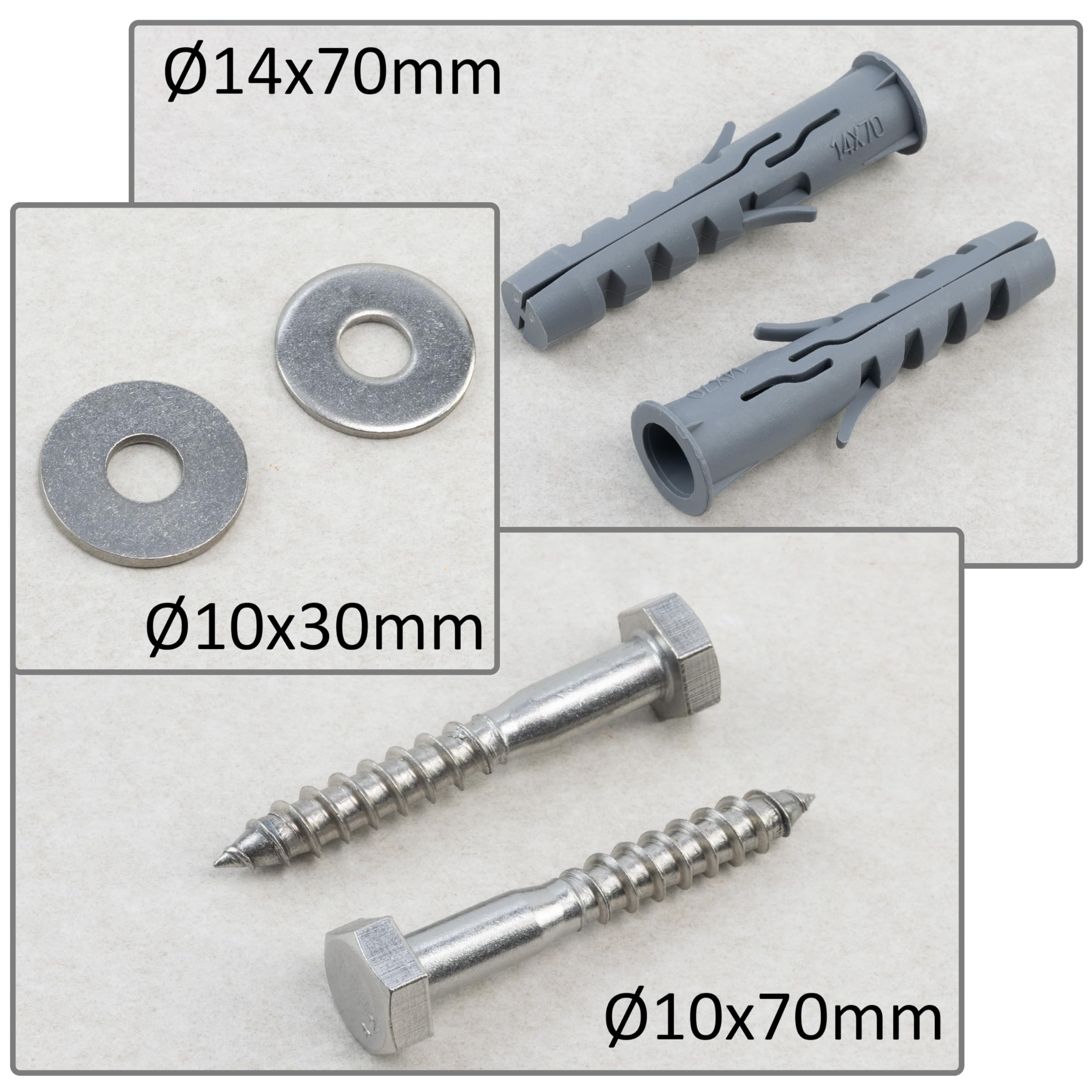 AERZETIX - Kit di 10 tasselli a colletto Ø14x70 mm in nylon + 10 viti tirafondi Ø10x70 mm in acciaio inossidabile A2 + 10 rondelle larghe A2 per bullone M10