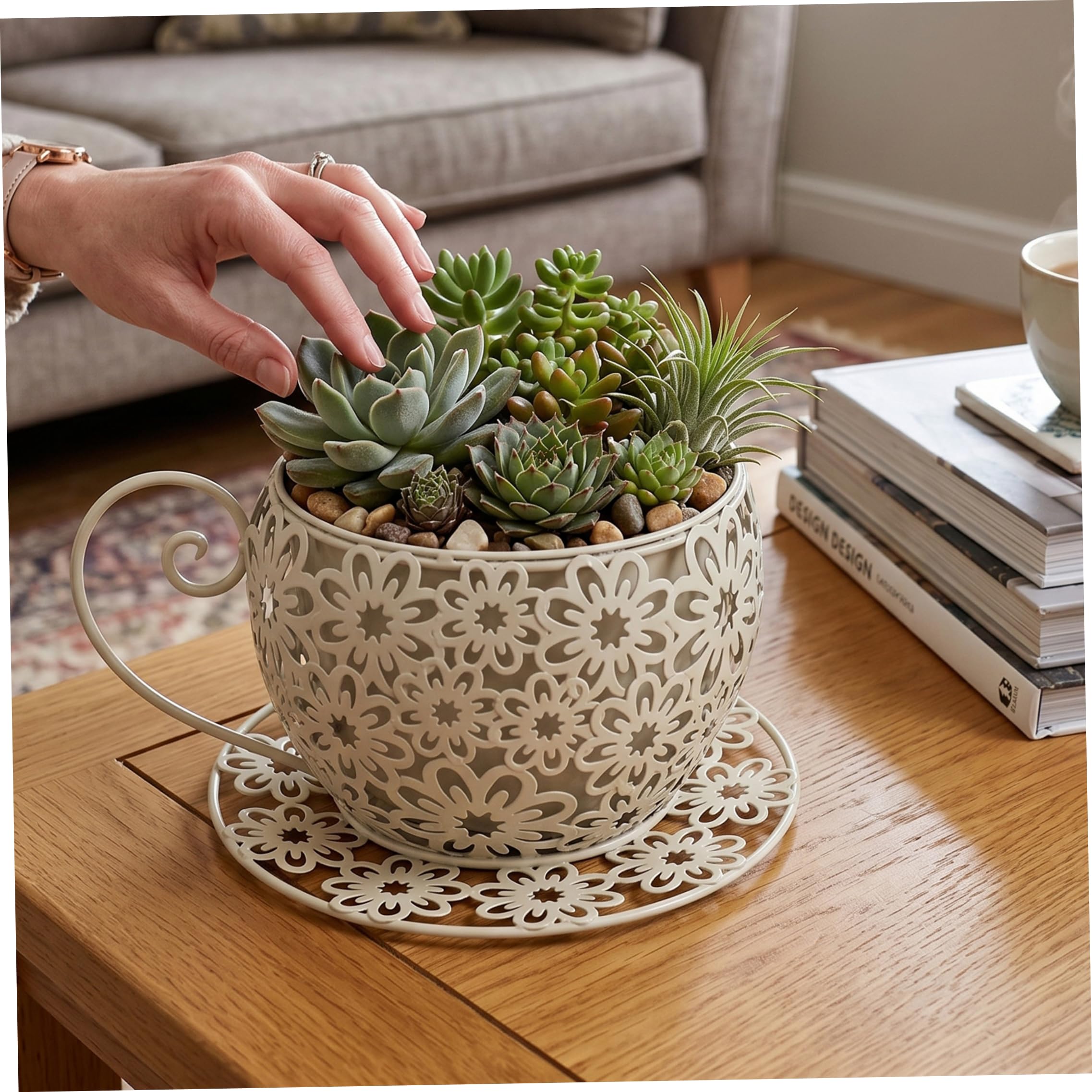 Faticenic Teacup Planter, Exquisite Unique Plant Pots Coffee Cup Succulent Planter with Hollow Floral Design Iron Teacup for Indoor Outdoor Decor, White, Unique Plant Pots