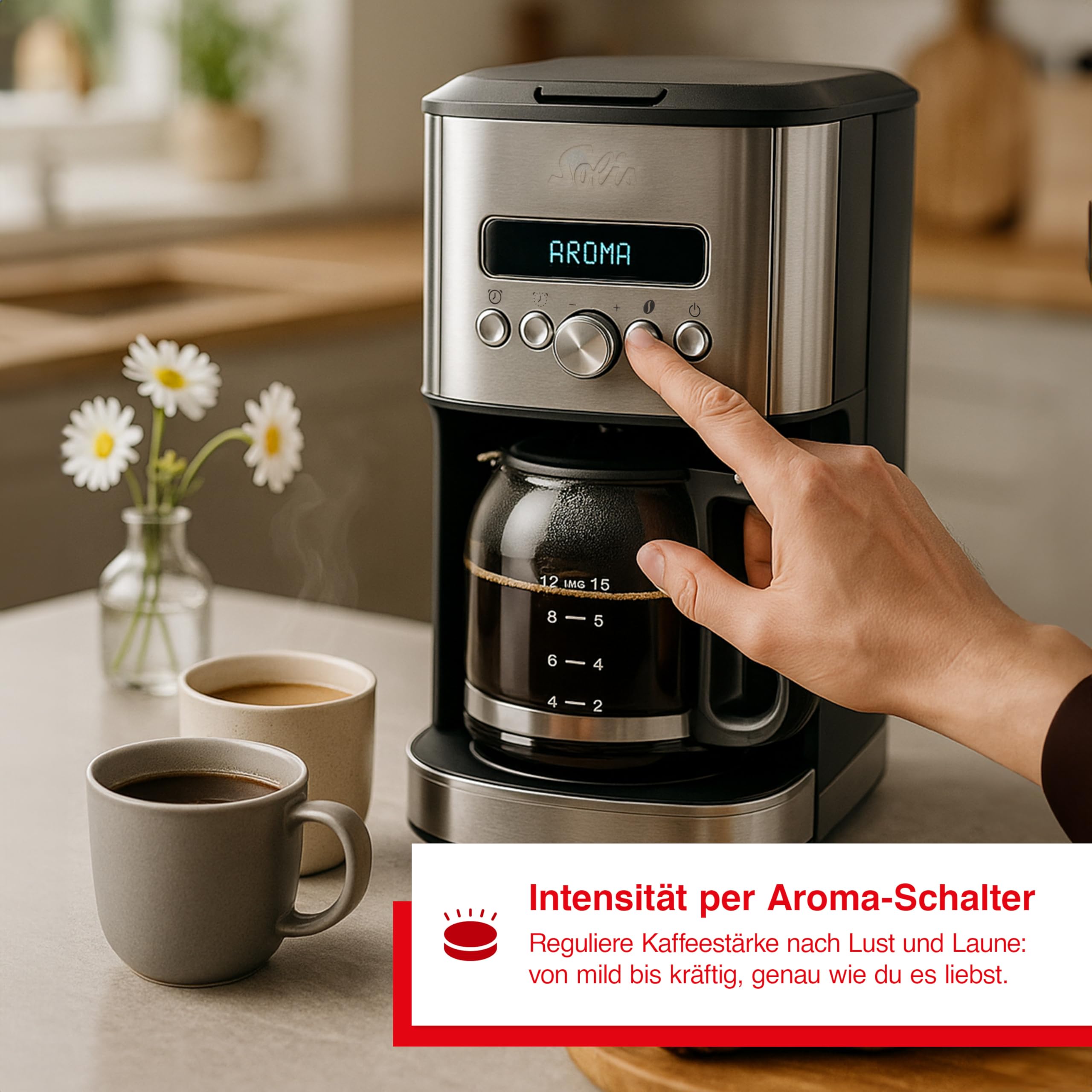 Solis Aroma Brewer Filterkaffeemaschine Typ 1021 – Frisch gebrühter Kaffee auf Knopfdruck, mit Timer, Aromawahlschalter, 1,8L Wassertank, Warmhaltefunktion, Edelstahl-Design, Glaskanne & Dosierlöffel