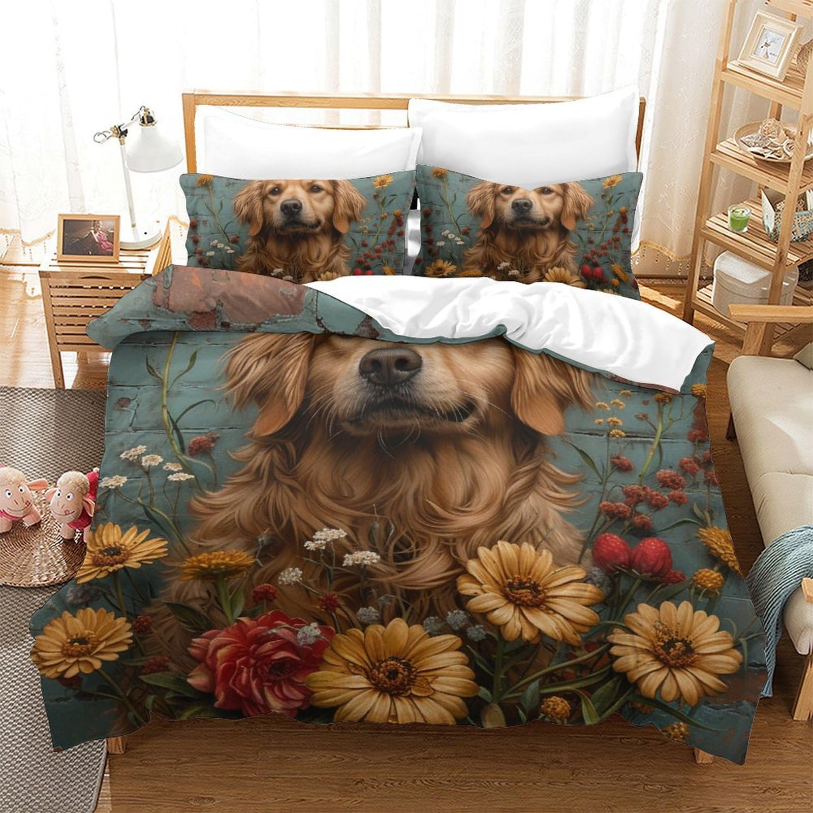 Housse de couette douce motif chien parure de lit adulte 200x200cm