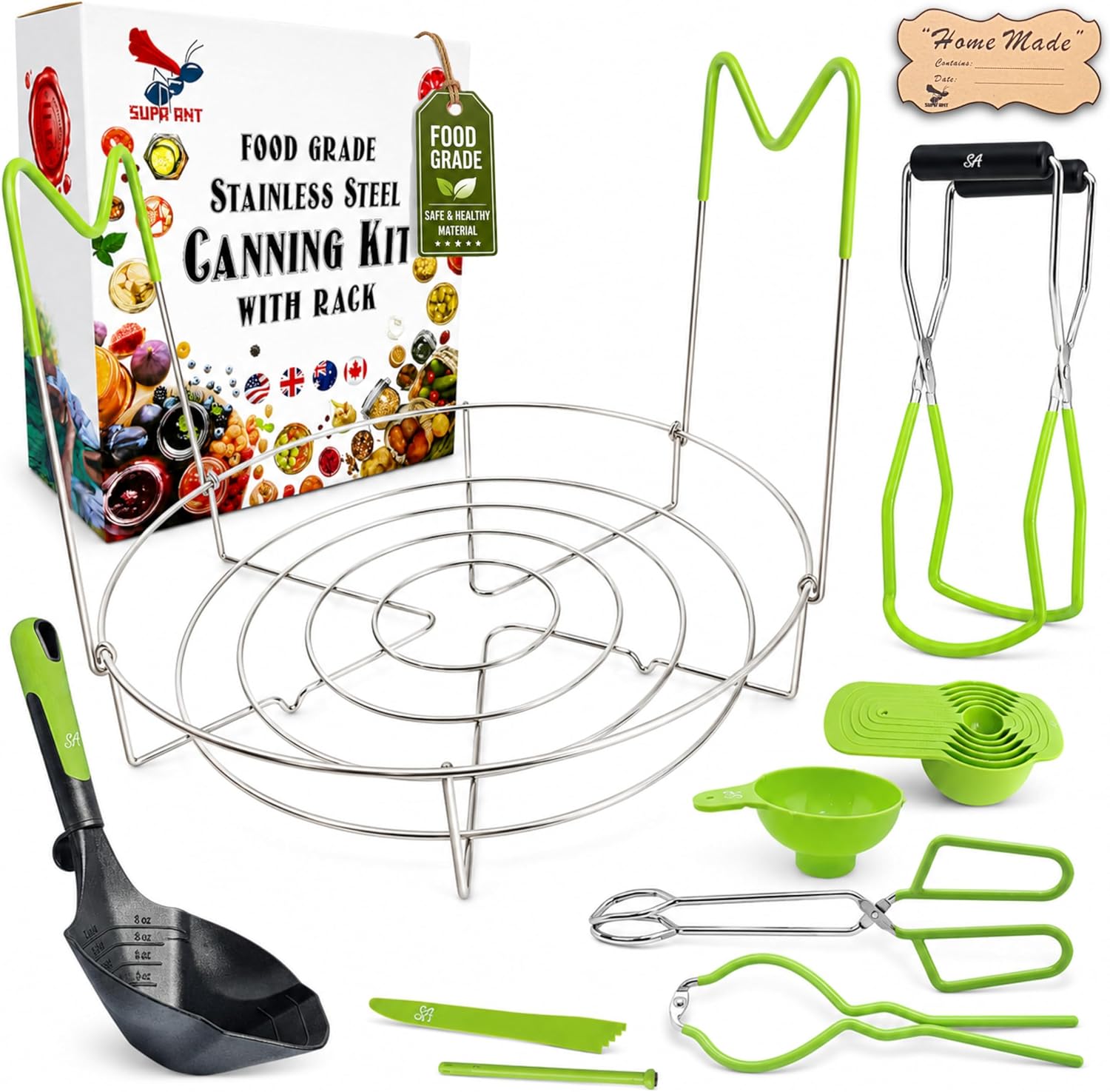 Supa Ant Complete Canning Starter Kit – 10pc Food-Grade Steel Set with XL Ladle, 6 Measuring Cups, Jar Lifter, Wide Mouth Funnel, Canning Rack (7-Jar Capacity) & 90 Labels –Beginner-Friendly, Green