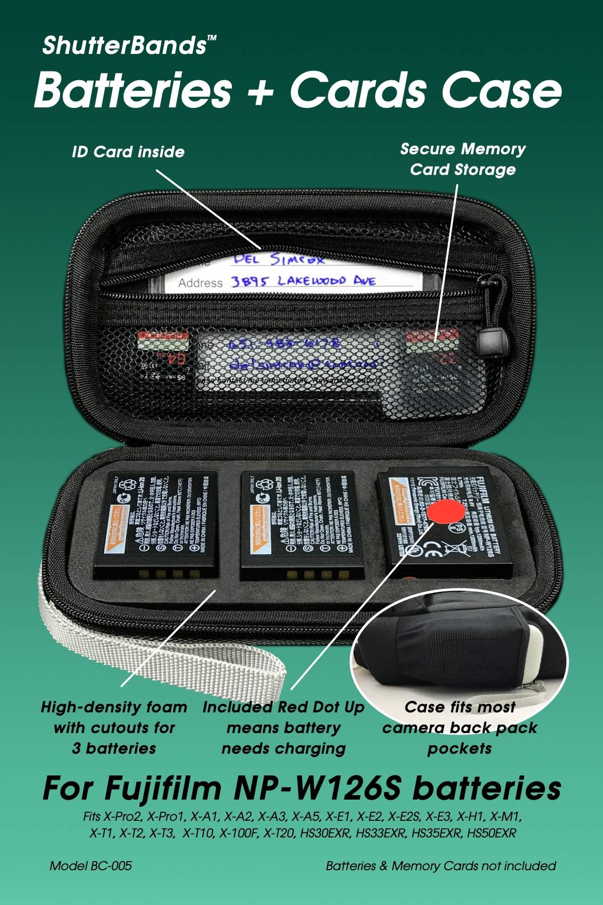 Batteries + Cards Case for FujiFilm NP-W126S Battery (Fits X-Pro2, X-Pro1, X-A1, X-A2, X-A3, X-A5, X-E1, X-E2, X-E3, X-H1, X-M1, X-T1, X-T2, X-T3, X-T10, X-100F, X-T20, HS30, HS33, HS35, HS50)