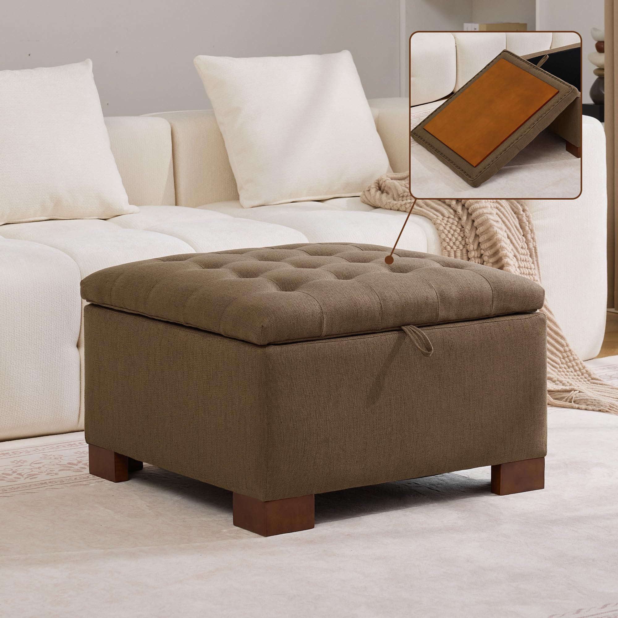 WUTUTUEE 30" Fabric Square Storage Ottoman with Wooden Tray, Modern Tufted Button Footstool Coffee Table, Upholstered Large Ottoman for Living Room, Bedroom, Brown