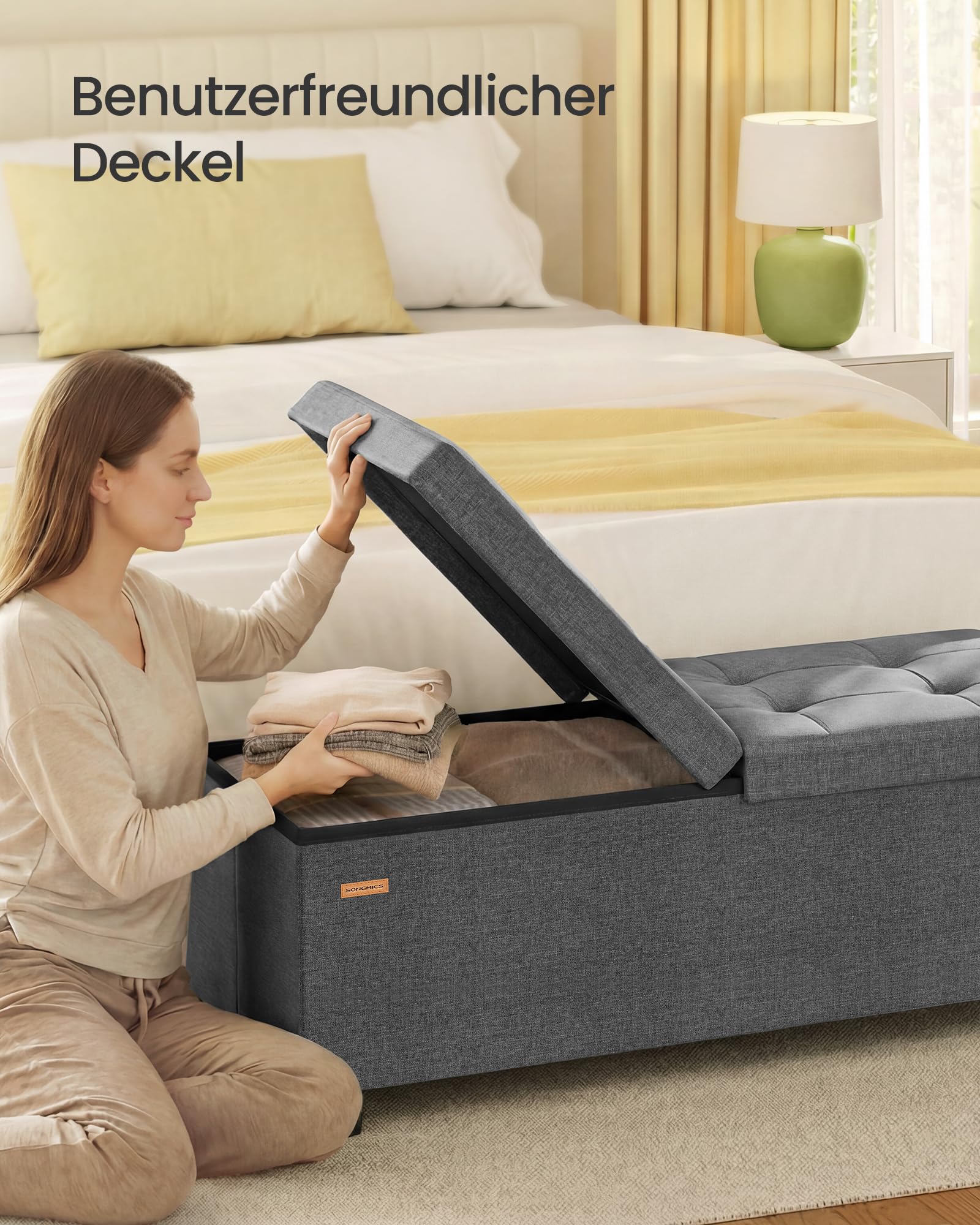 SONGMICS Sitzbank mit Aufbewahrung, mit Beinen, Aufbewahrungsbox, faltbar, mit klappbarem Deckel, Sitzbank, für Wohnzimmer, Schlafzimmer, Eingang, Stoff in Leinenoptik, 110 cm, Schiefergrau LSF079GN01