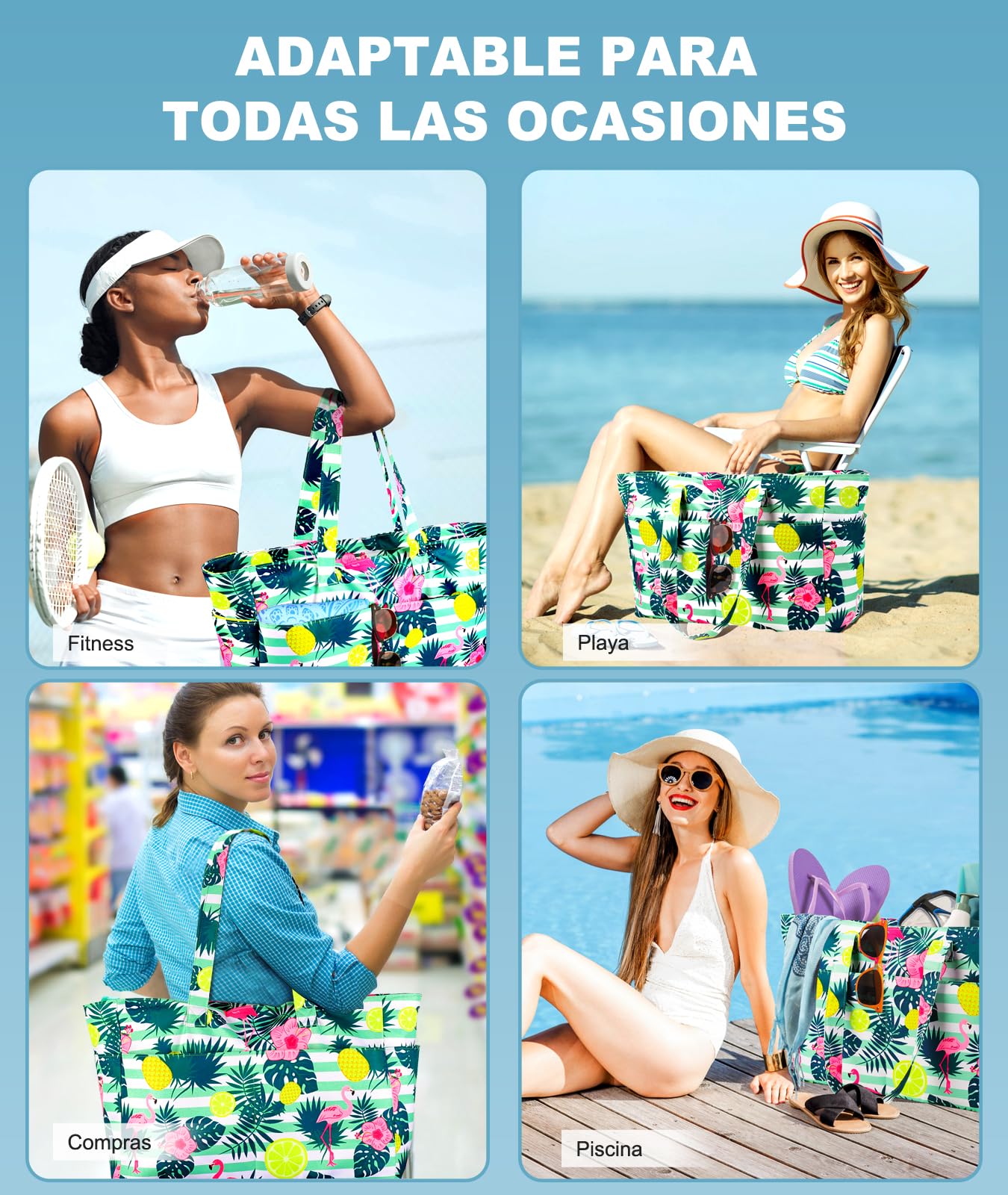 ISEYOU Bolsa Playa, Bolso Playa Mujer Impermeable Con Cremallera 45L, Bolsas Grandes XXL Familiar con 8 bolsillos Plegable Para Viajes, Picnic, Vacaciones