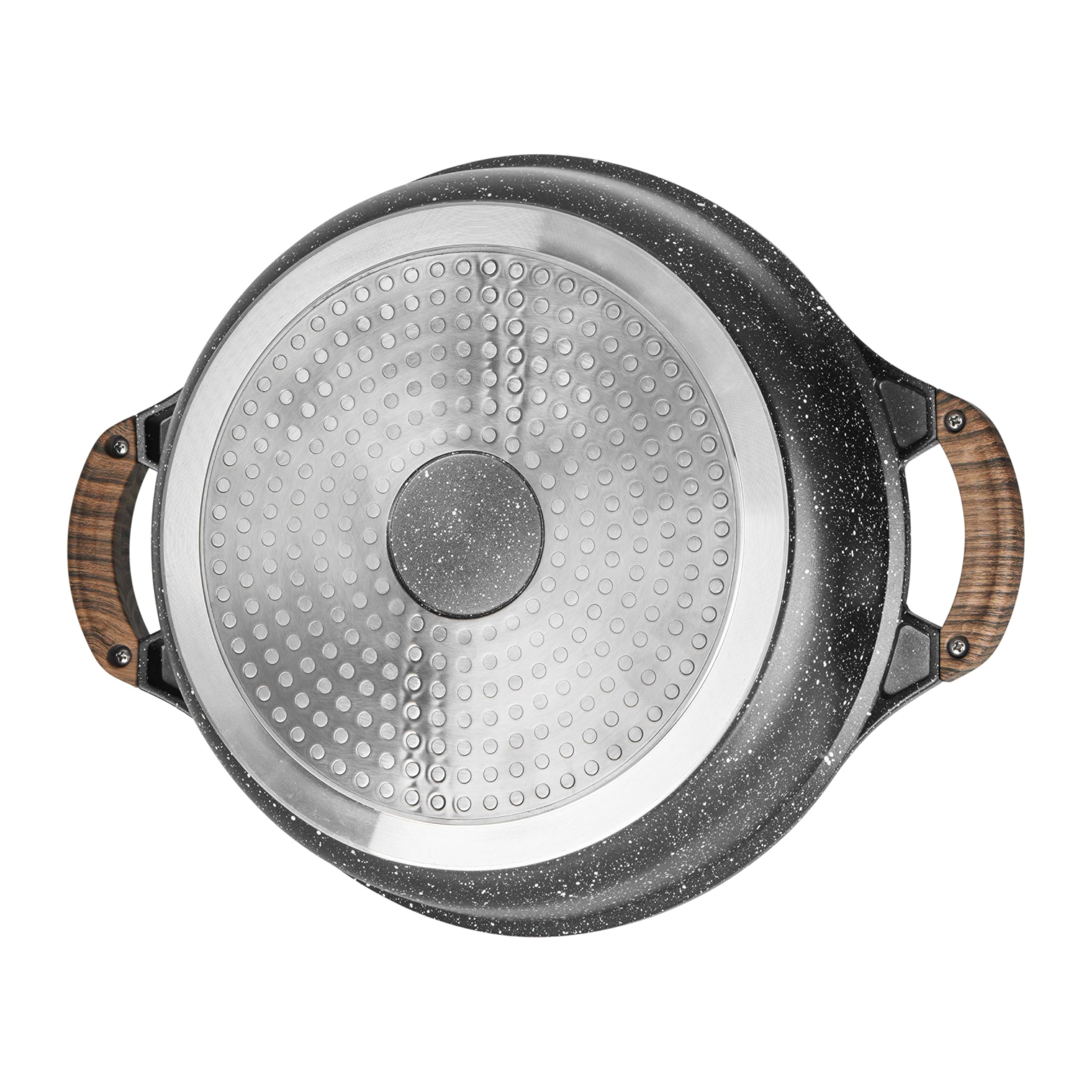 Sitram 716948 Sauteuse 2 compartiments Ø28 cm en fonte d’aluminium – Revêtement anti-adhérent sans PFOA effet pierre – Marmite Shabu avec couvercle en verre – Tous feux dont induction