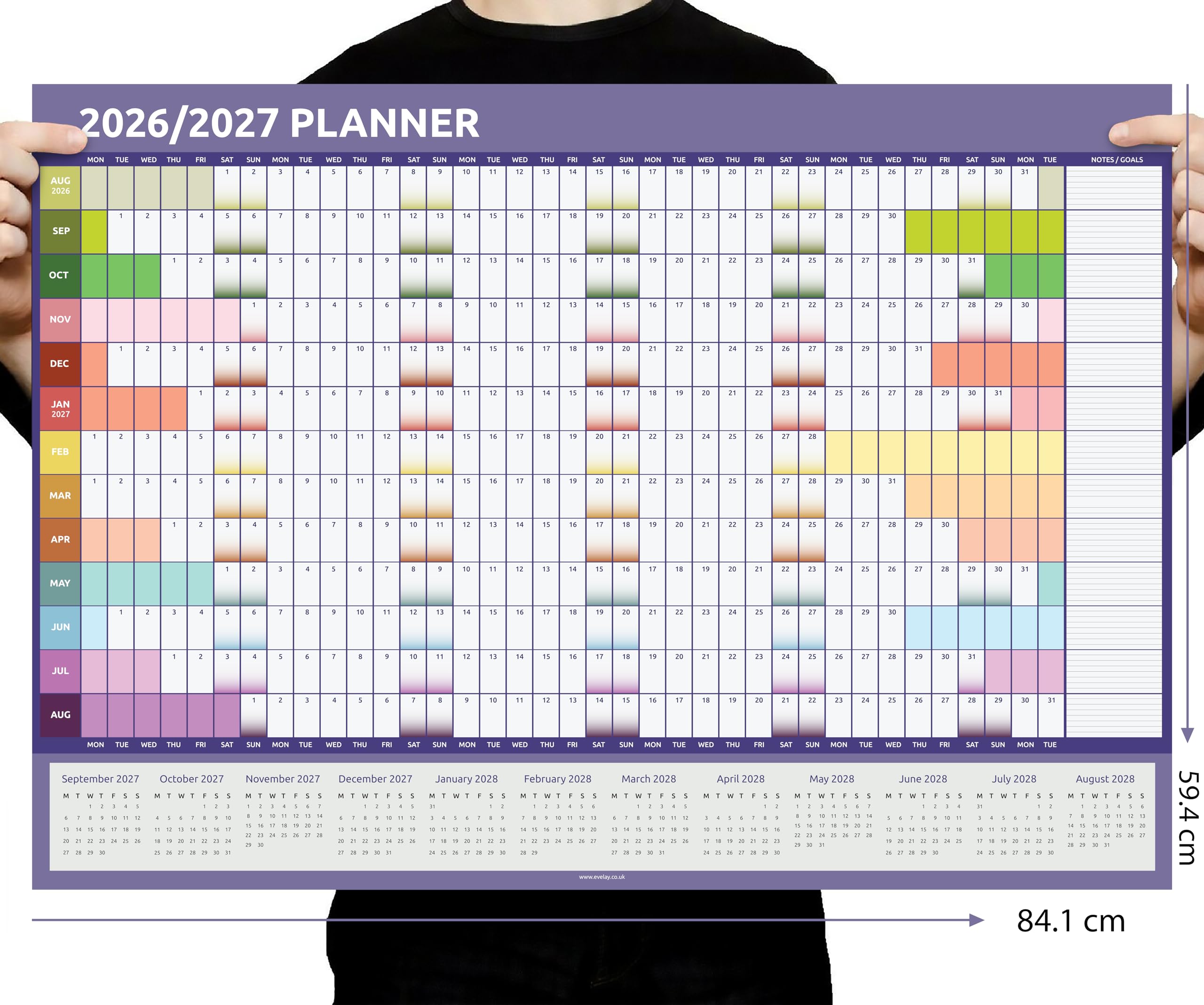 Planificador académico de pared 2026 2027, tamaño A1, calendario británico de mitad de año, 84 cm x 59 cm, organizador anual grande para profesores de escuela y estudiantes (arcoíris)