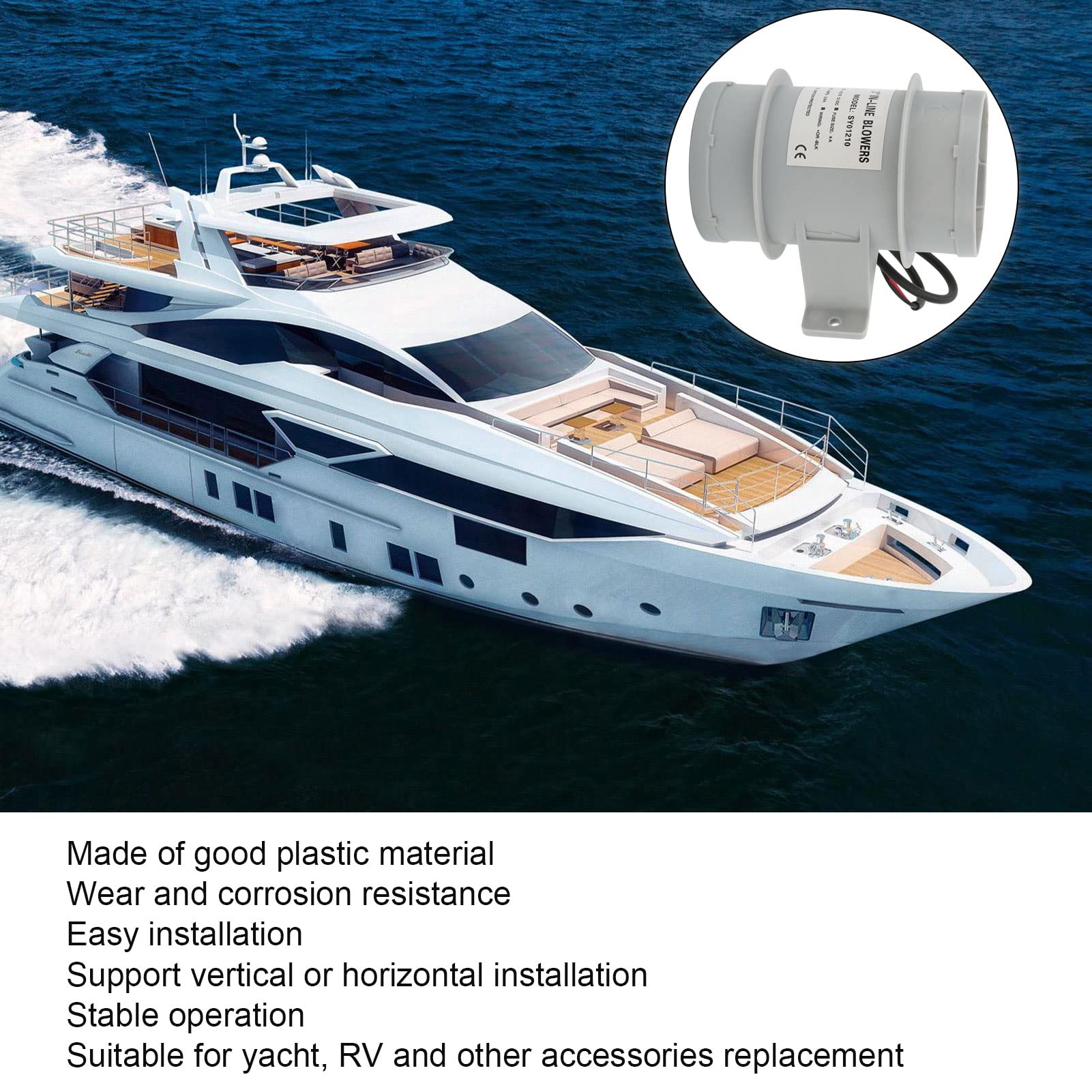 Tissting 3 Pouces Inline Blower 12V 4a DC Marine Cale Air Blower Ventilation Ventilateur Haute Efficacité Stable Performance Plastique Inline Blower pour Yacht Boat RV