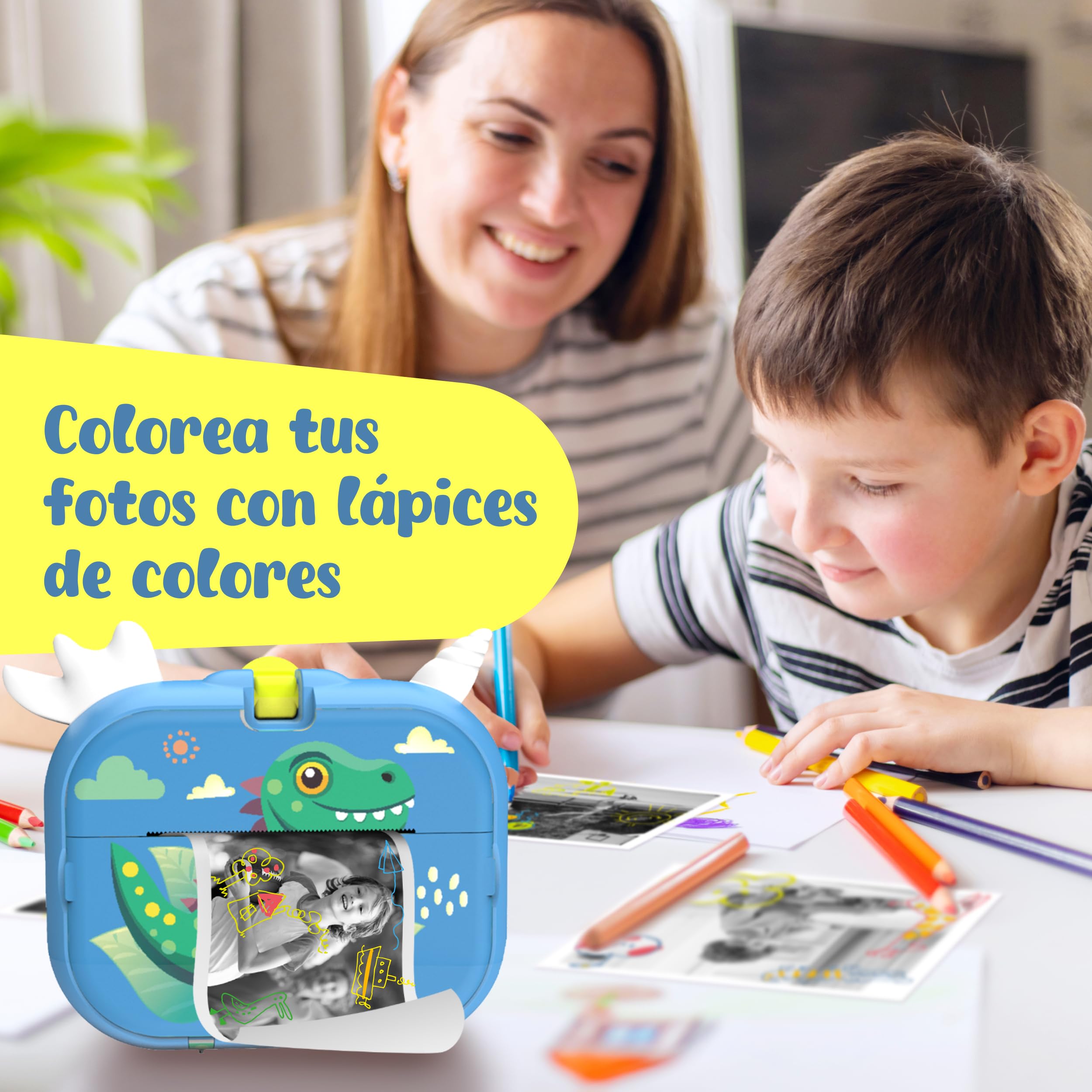 CUBIDI® Camara Fotos Infantil Instantanea – Cámara de Fotos Infantil con Impresión Térmica Sin Tinta con Lente 180° y Tarjeta 32 GB Incluidos. para Niñas y Niños 3-12 Años. Dinosaurio Azul.