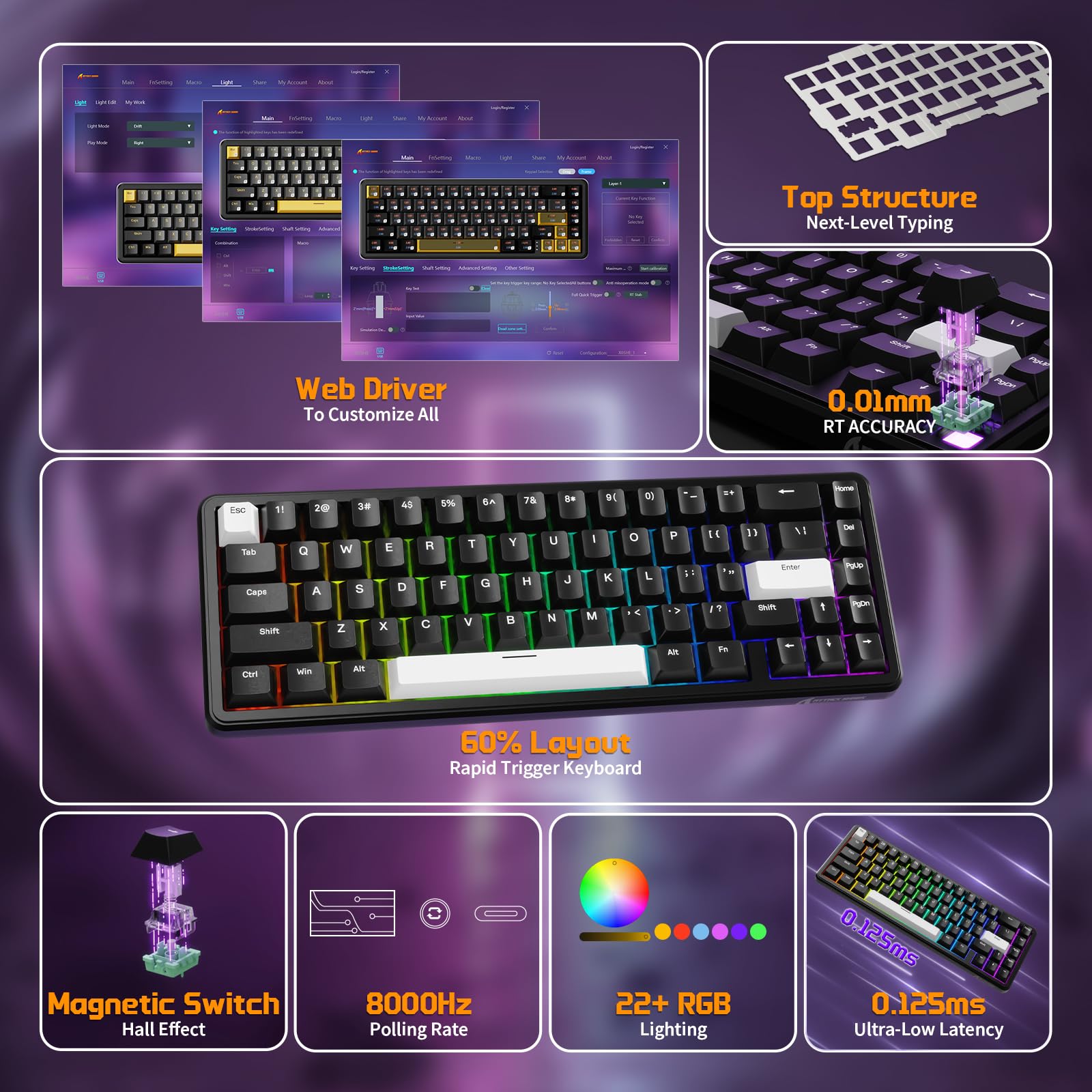 MAMBASNAKE x Attack Shark Combo De Teclado y Ratón para Juegos con Cable, Ratón Inalámbrico Superligero PAW3311 De 59g, Teclado Magnético Mini 65% De Disparo Rápido con Cable En Espiral De 8Khz-Negro