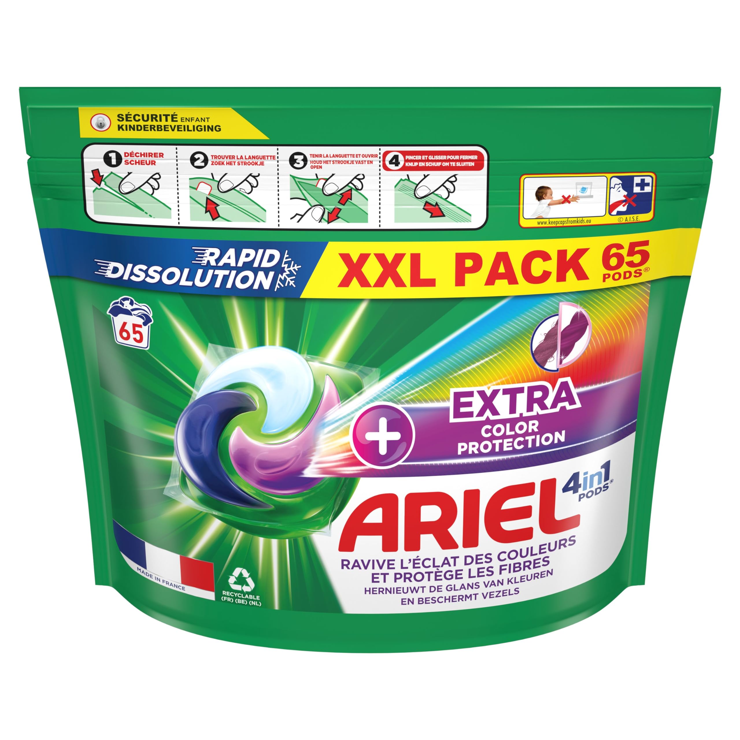 Ariel 4en1 PODS, Lessive Liquide En Capsules 65 Lavages, +Extra Color Protection, Renouvelle L’Éclat Des Couleurs Et Protège Les Fibres