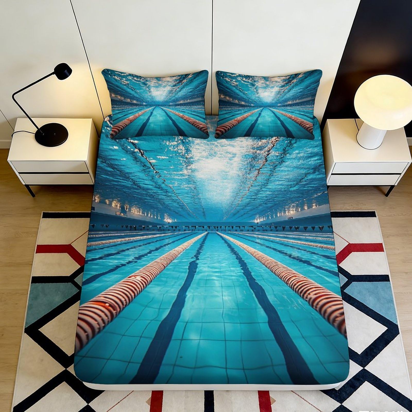 3D Printed Swimming Pool Fitted Sheet Microfiber Blue Underwater Mattress Cover for Bedroom Dorm Decor Protection 90x200x25cm