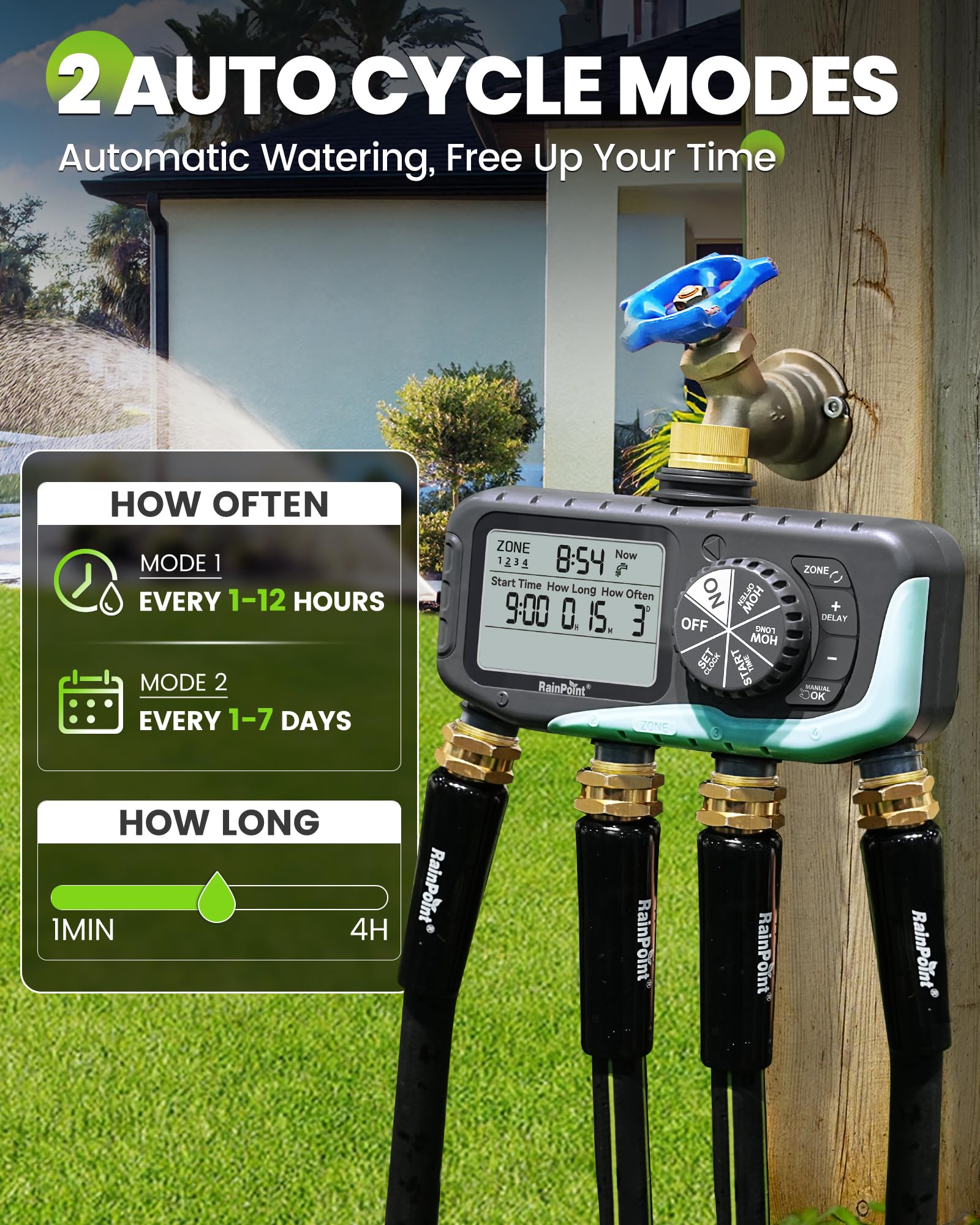 RAINPOINT Timer per irrigazione a 4 zone, programmabile, per tubo flessibile con ritardo della pioggia/sistema di irrigazione manuale/automatico, irrigazione digitale per cortile, prato