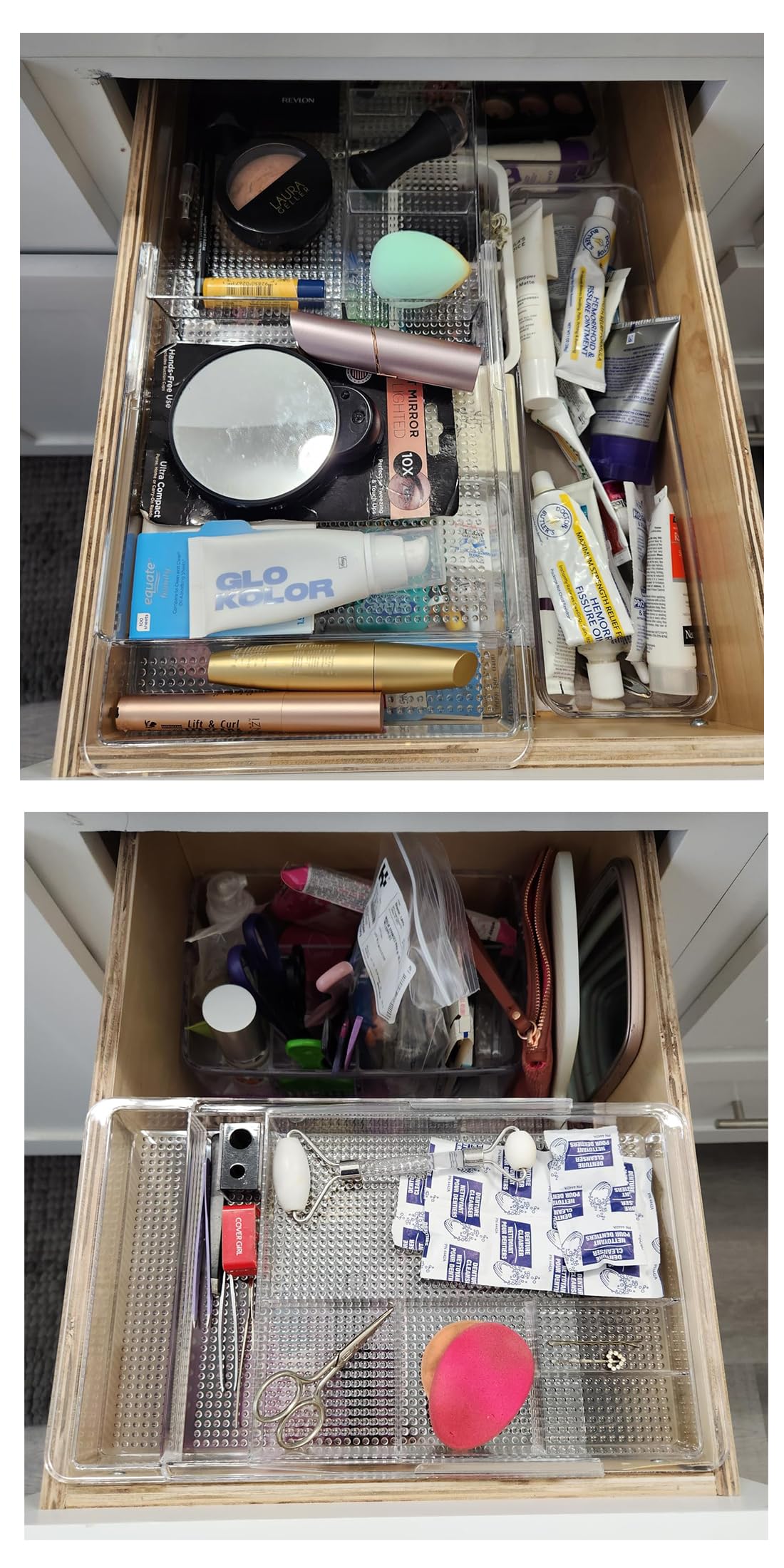 Oubonun Organizer espandibile per cassetti da 28,2 cm a 48,8 cm di larghezza, organizer per cosmetici poco profondo 3,3 cm di altezza, 2 confezioni, vassoi portaoggetti in plastica trasparente per