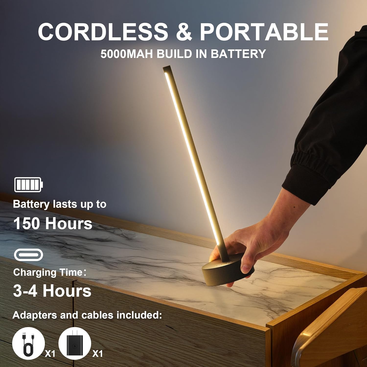 KARTOOSH Cordless LED Table Lamp, Battery Operated Portable Desk Lamp,Dimmable/3 Color/Memory Function,Modern Rechargeable Table Light for Living Room,Bedroom,Bedside,Black