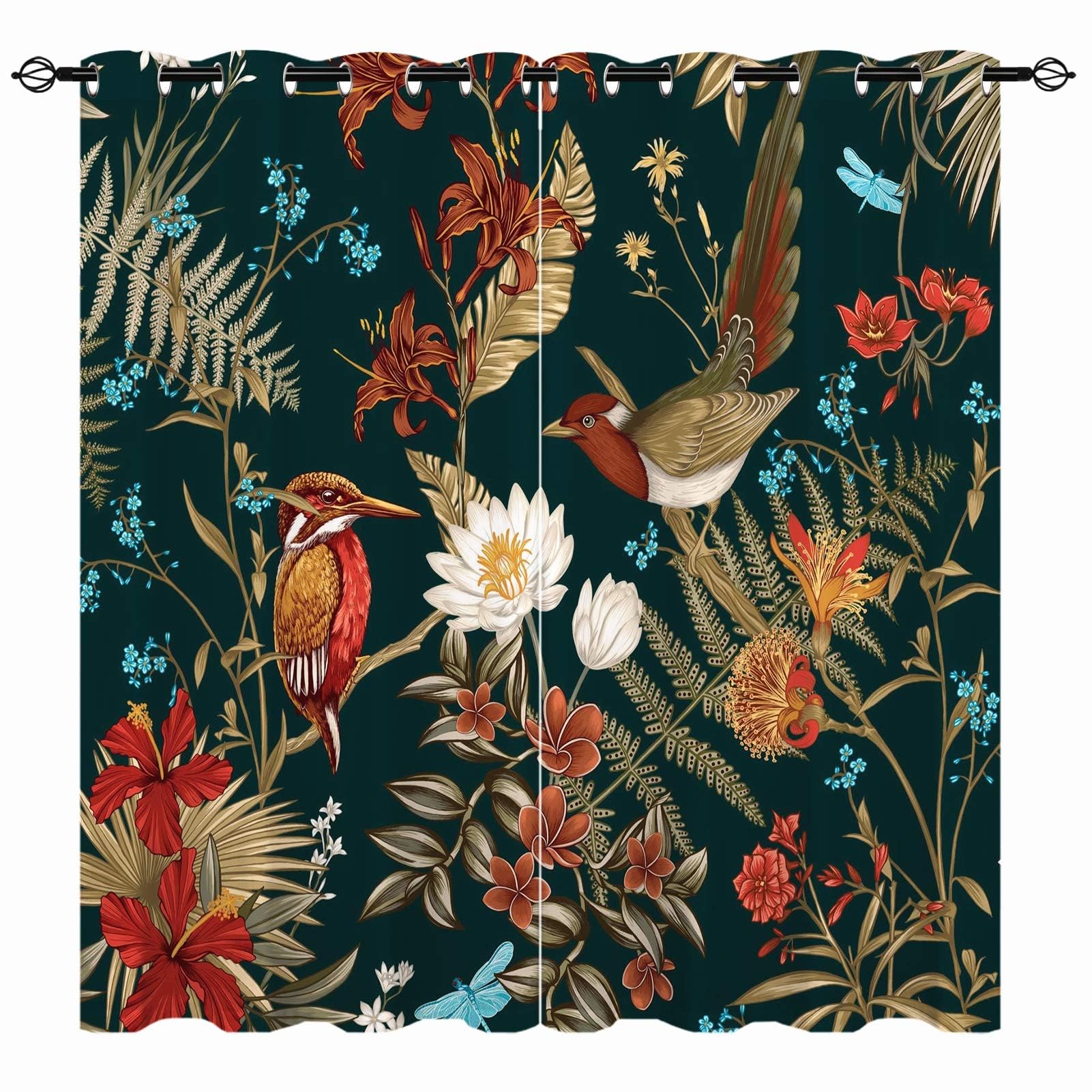 YUANZU Bird Curtains - Tropical Forest Jungle Plant Flower Tree Leaves Print Pattern Eyelet Blackout Thermal Insulated Room Darkening Window Drapes for Bedroom Living Room 2 Panels W106cm x D160cm โ image 1