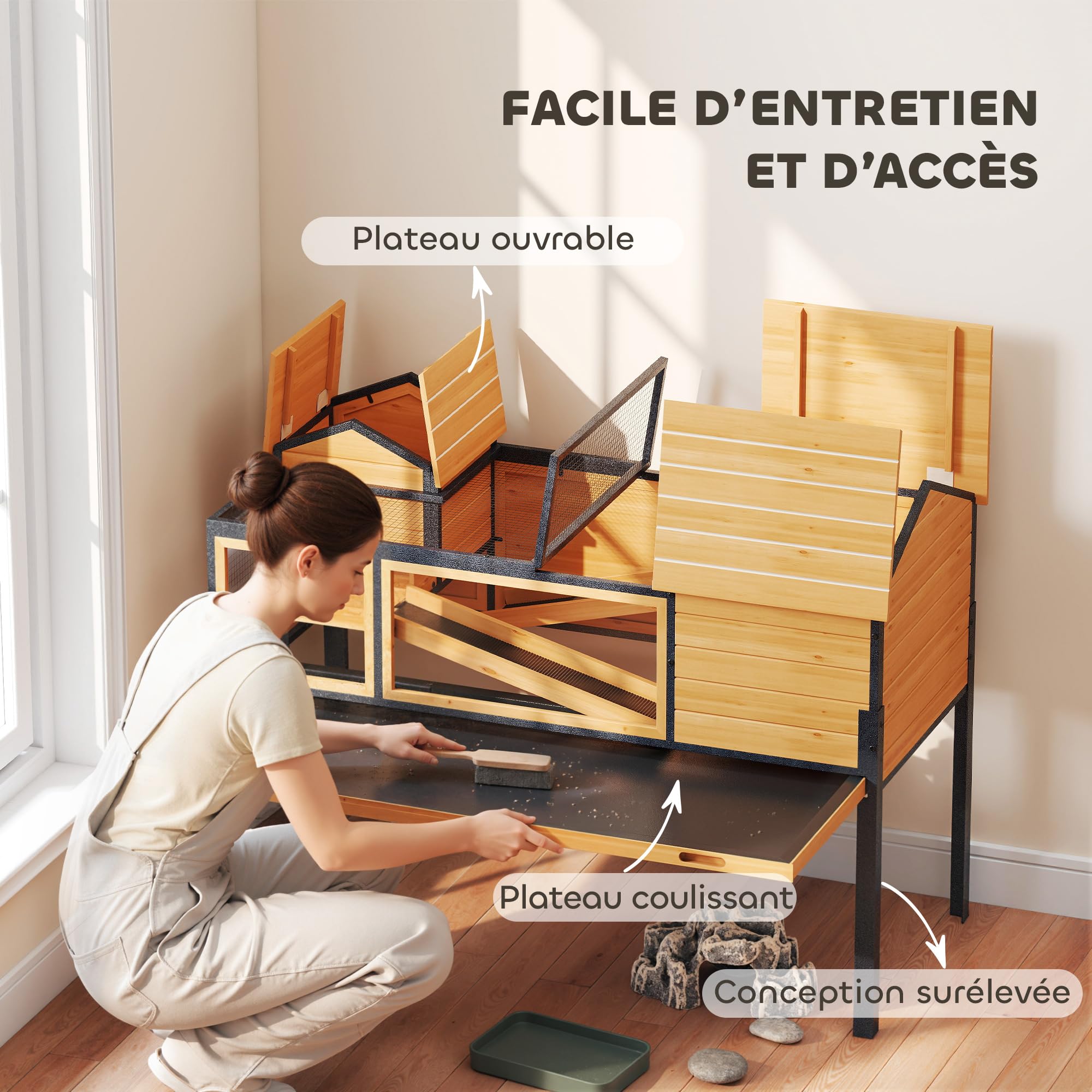 PawHut Maison pour Tortues, Habitat en Bois à 2 étages avec 2 Chambres, enclos intérieur extérieur avec rampes, Toit ouvrable et Plateau, Grande Cage pour Reptiles, 128x63x96cm, Jaune