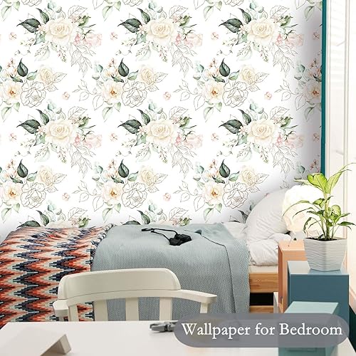 Miniatura 2 de Papel tapiz floral para despegar y pegar, papel de contacto extraíble, hojas de oro rosa, bohemio, fácil de despegar, autoadhesivo, impermeable,