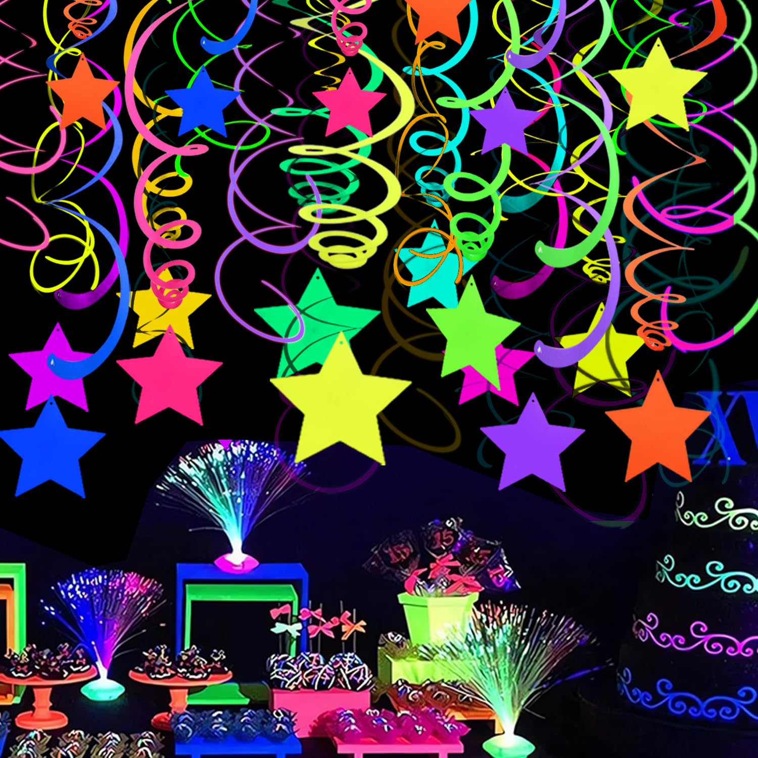 56 Stück Regenbogen hängende Wirbel Dekorationen Neon Swirl Luftschlangen UV Neon Girlande Deckendekorationen leuchten im Dunkeln Neon Partyzubehör und Dekorationen Schwarzlicht Party Kit für