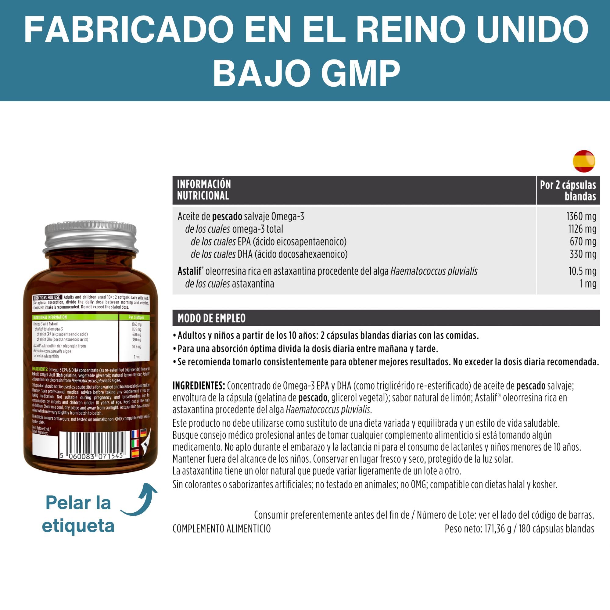 Omega 3 1000mg EPA y DHA, Triglicéridos rTG Alta Absorción con Astaxantina, 180 Cápsulas, IFOS Certificado 5 Estrellas, Aceite de Pescado Salvaje Ultrapuro, Sabor Limón, Superconcentrado, de Igennus