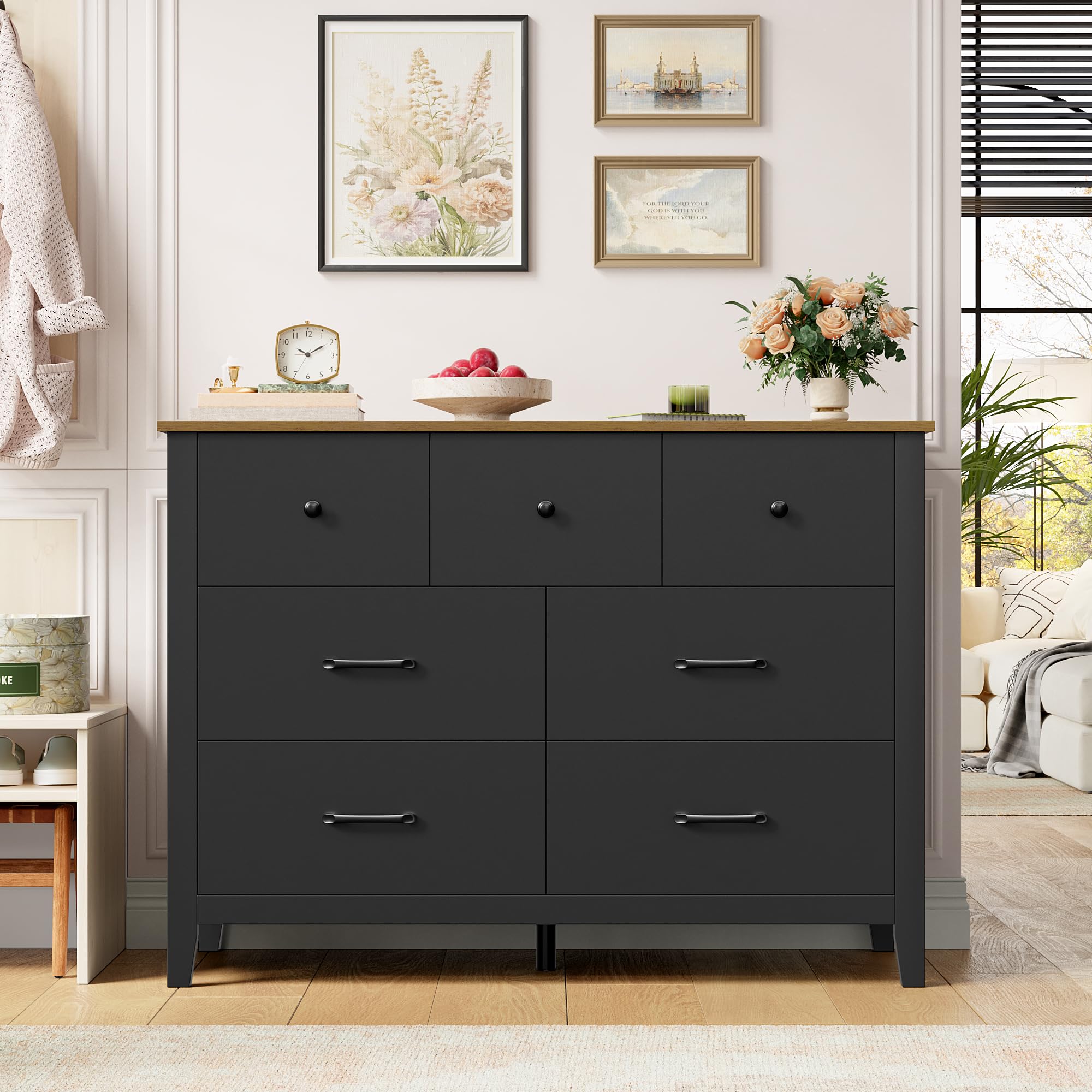 Czarna komoda z szufladami, komoda z 7 szufladami, meble na szelkach, idealna do sypialni, salon, korytarz, nowoczesny design, 106 x 40 x 81 cm