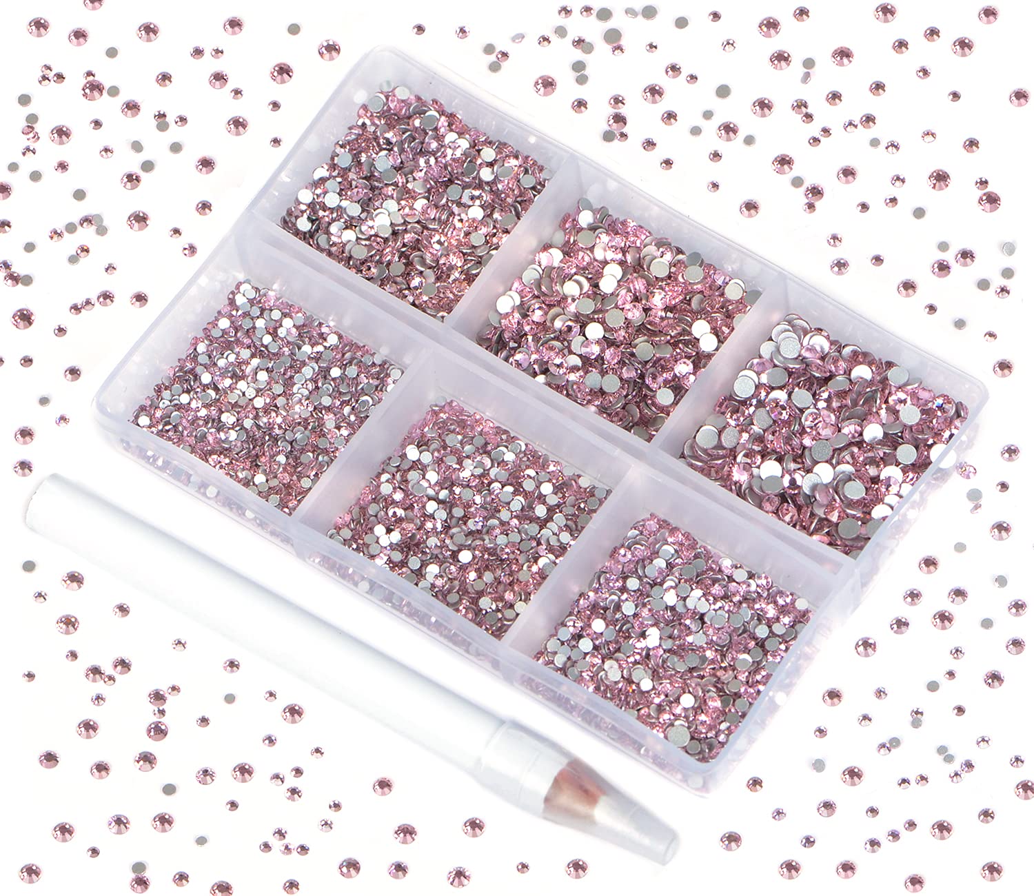 Bymitel 7200 Pieces 6 Mixed Sizes Glue Fix on Glass Rhinestones Round Crystal Gems Flatback for DIY Jewelry Making with one Picking Pen(6-Sizes