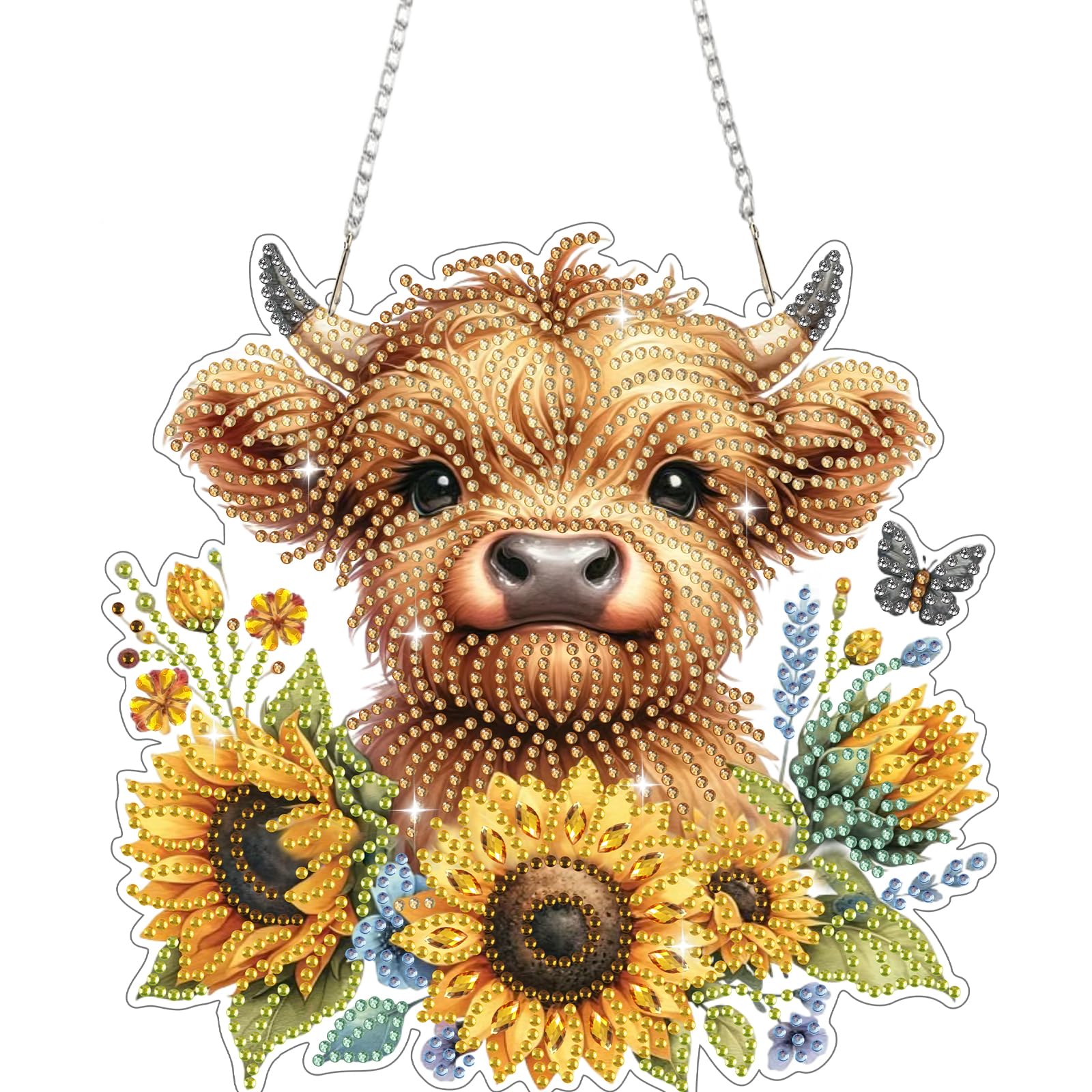 Bowetile Diamond Painting Hanging Ornament with Chain, Highland Cattle Diamond Painting Pendant Kit for Adults Beginners Kids, Special Diamond Crystal Gem Arts Crafts Kit Gift for Home Wall Decor