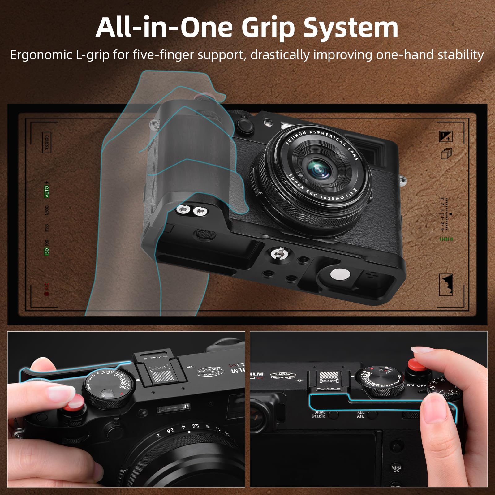 BRDRC Accessori Grip per FUJIFILM X100VI / X100V, maniglia a forma di L con piastra Arca-Swiss a sgancio rapido e copertura per pollice in metallo Hot Shoe e 2 pulsanti di scatto Fuji X100VI / X100V